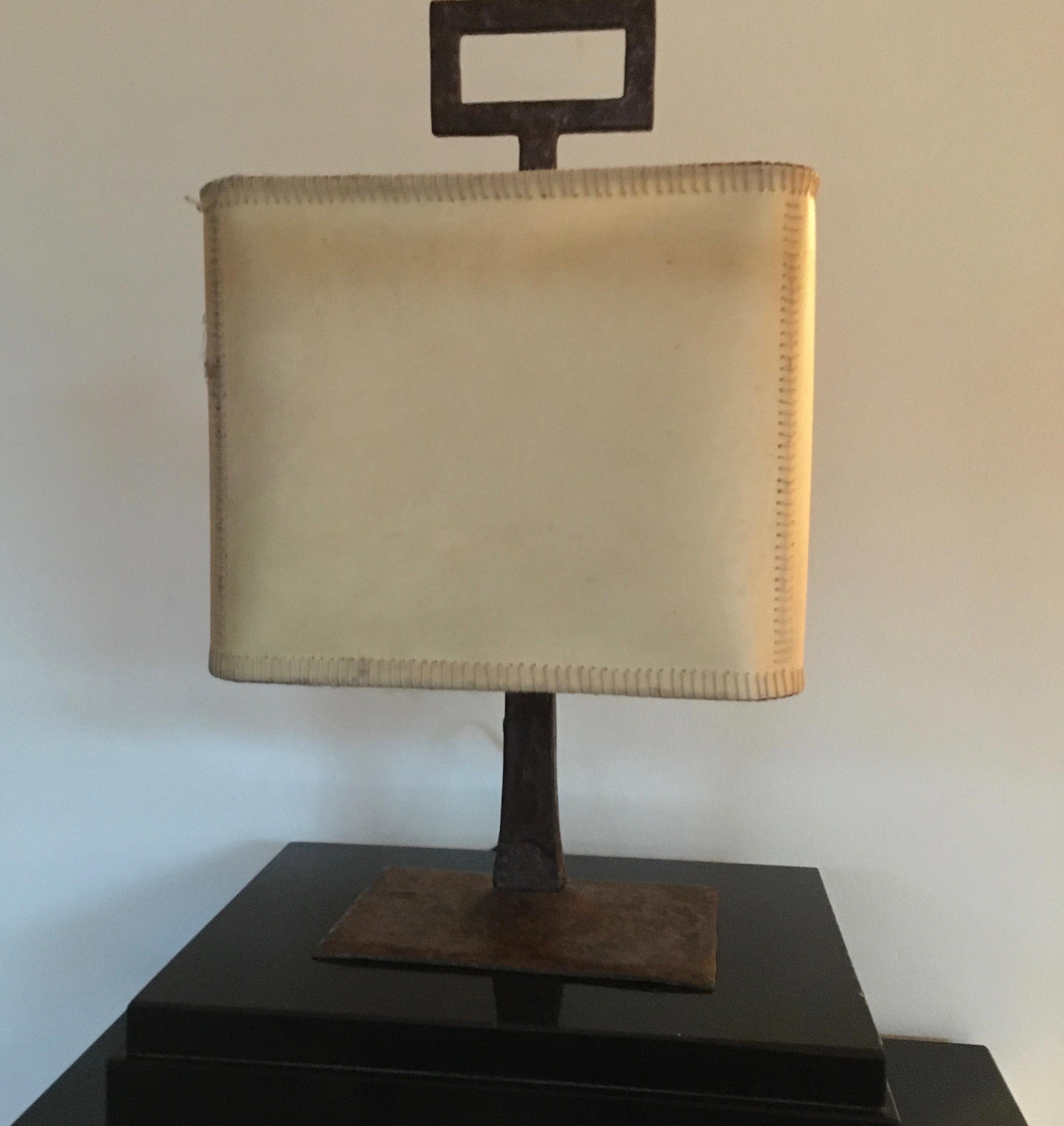 Rare Iron and Parchment Table Lamp Attributed to Marc du Plantier, France, 1940 4