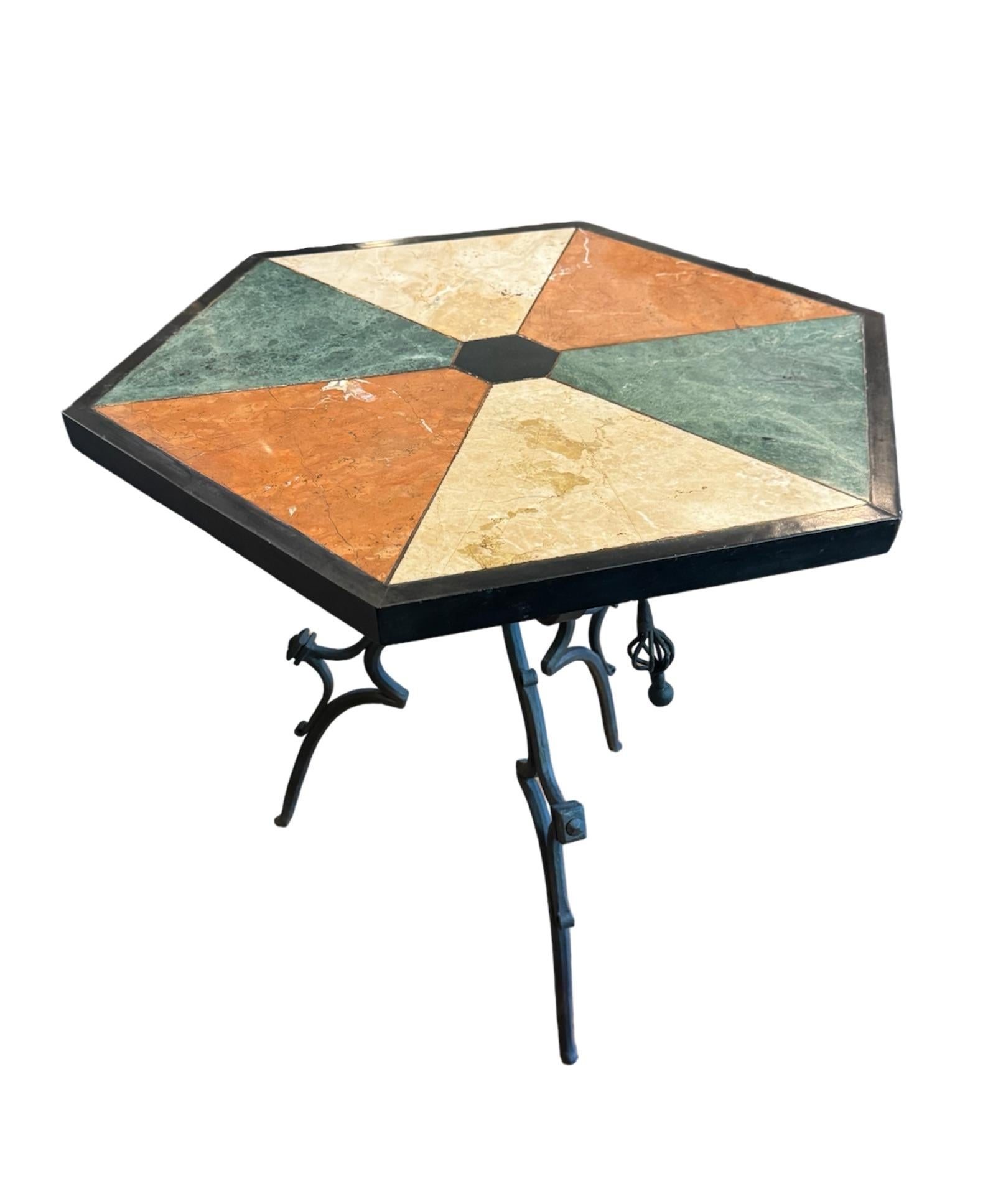 American Rare Iron End Table with a Hexagonal Top with Inlayed Stone For Sale