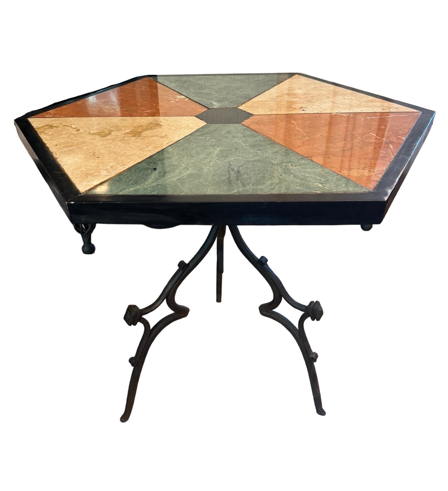 Rare Iron End Table with a Hexagonal Top with Inlayed Stone In Good Condition For Sale In Scottsdale, AZ