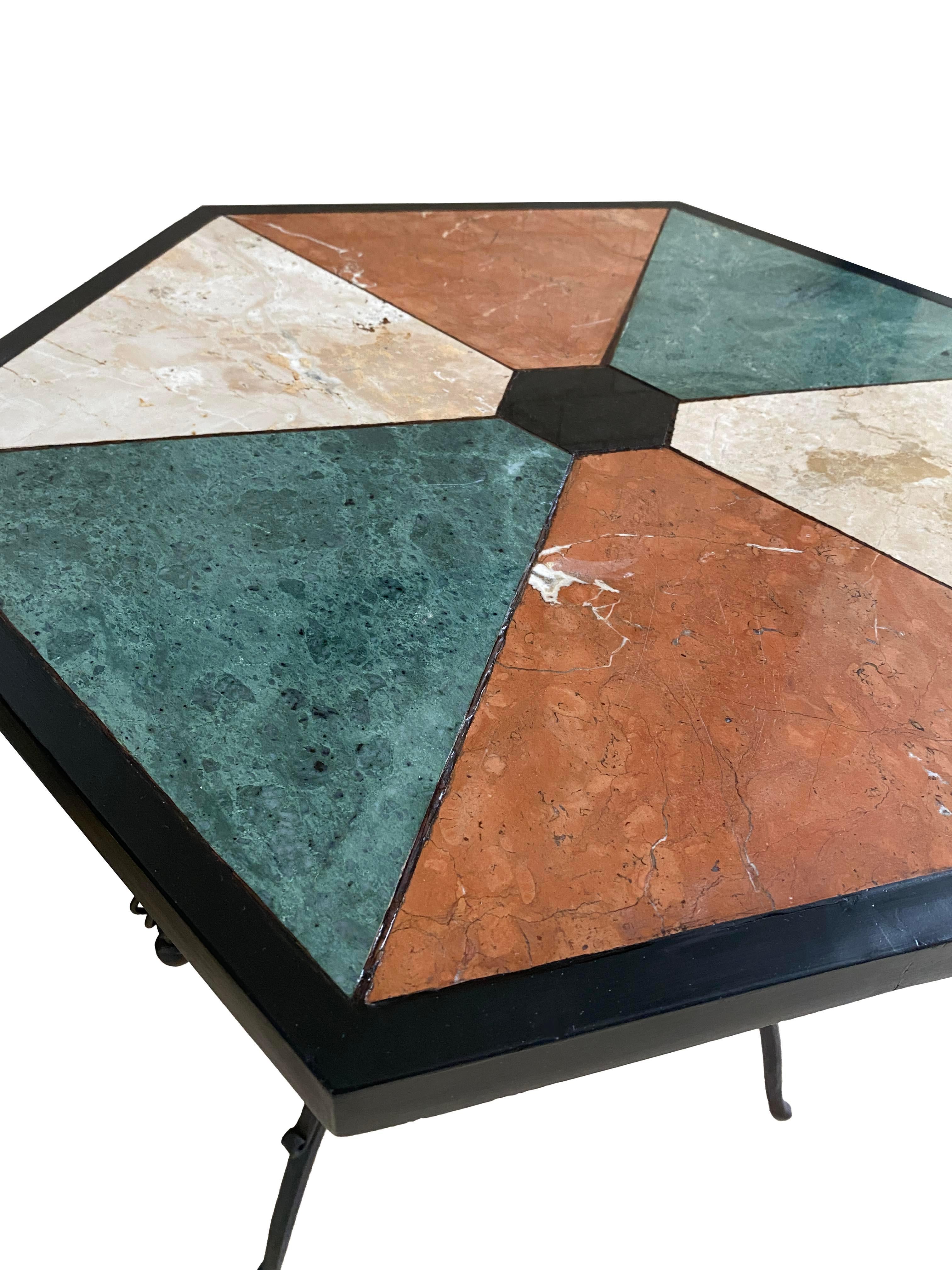 Rare Iron End Table with a Hexagonal Top with Inlayed Stone In Good Condition For Sale In Scottsdale, AZ