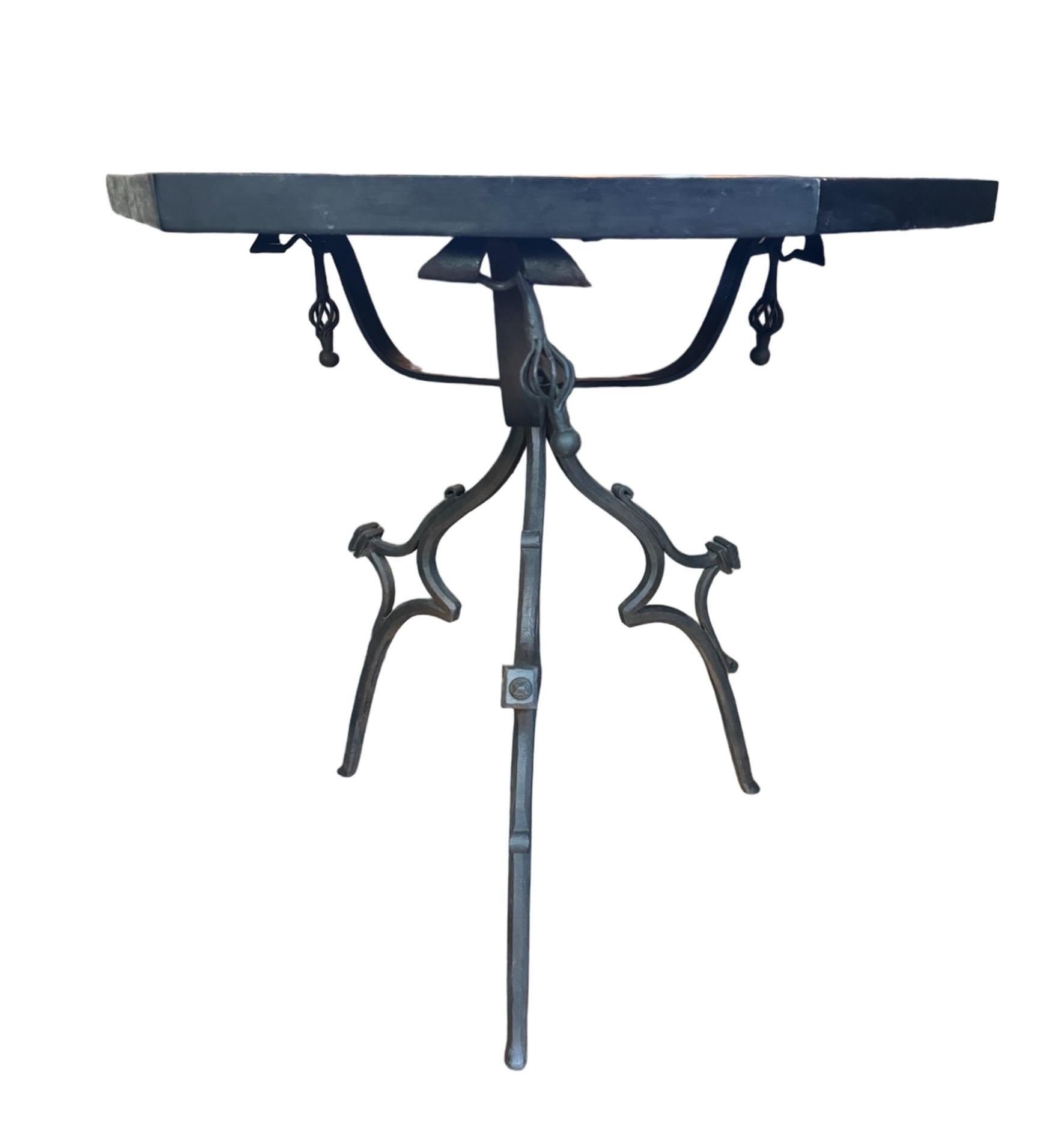 20th Century Rare Iron End Table with a Hexagonal Top with Inlayed Stone For Sale