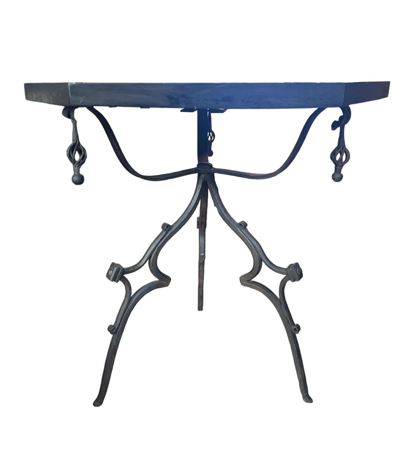 Rare Iron End Table with a Hexagonal Top with Inlayed Stone For Sale 1