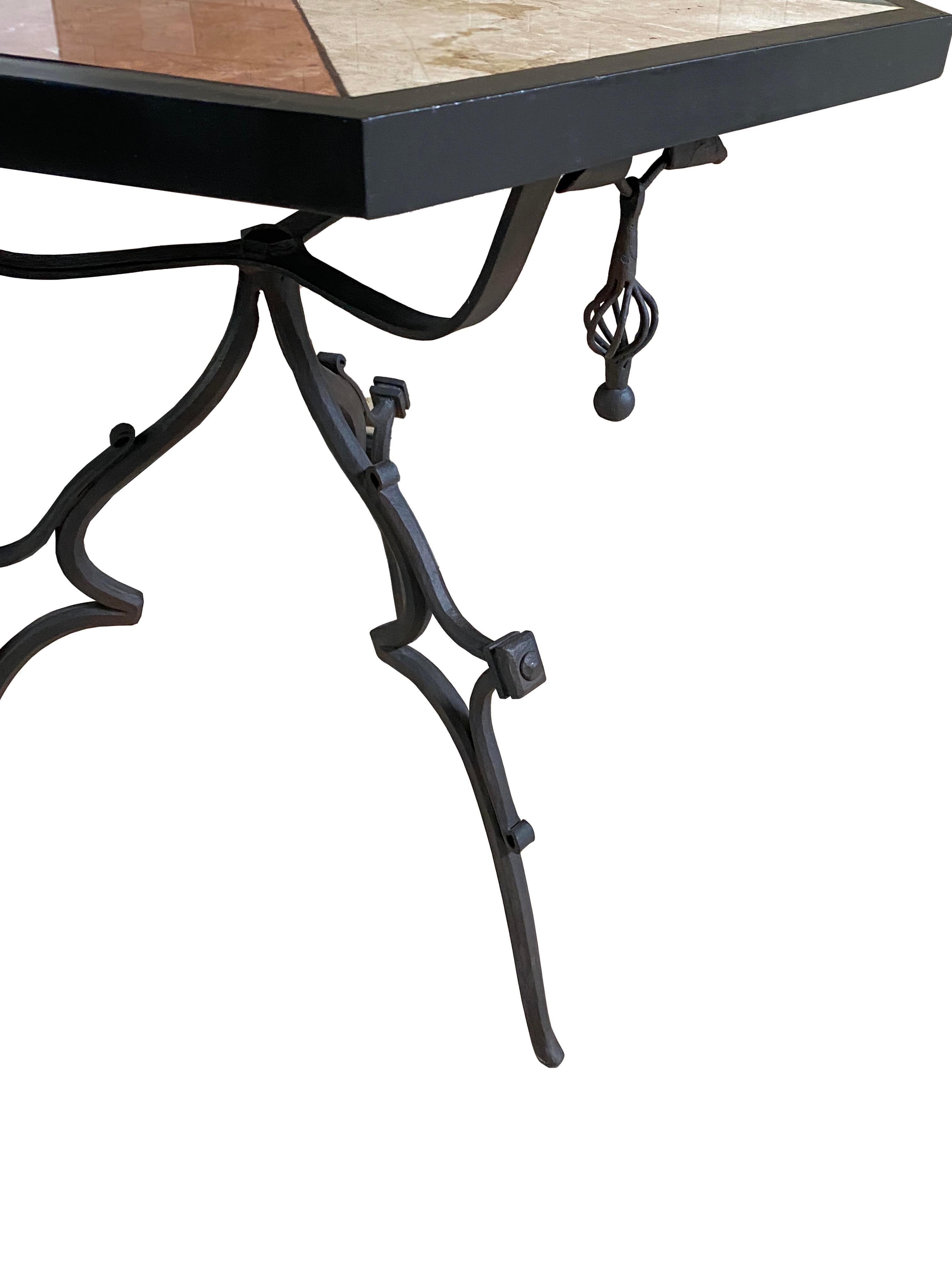 Rare Iron End Table with a Hexagonal Top with Inlayed Stone For Sale 2