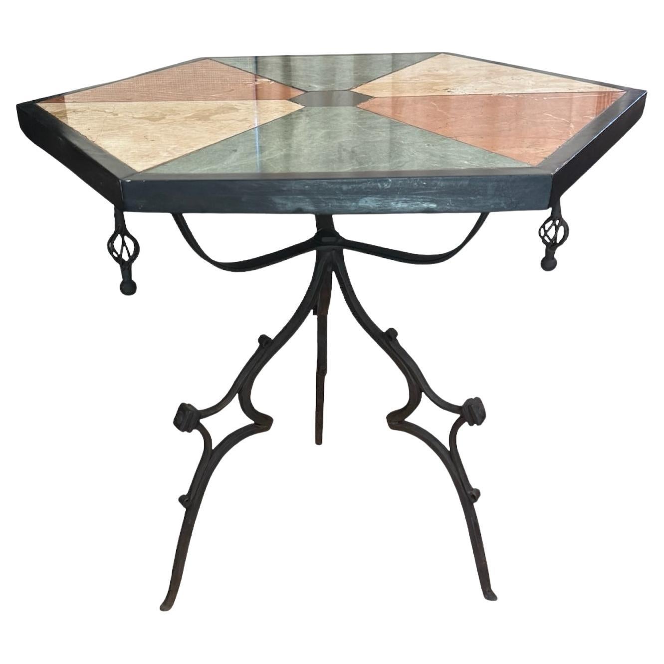 Rare Iron End Table with a Hexagonal Top with Inlayed Stone For Sale