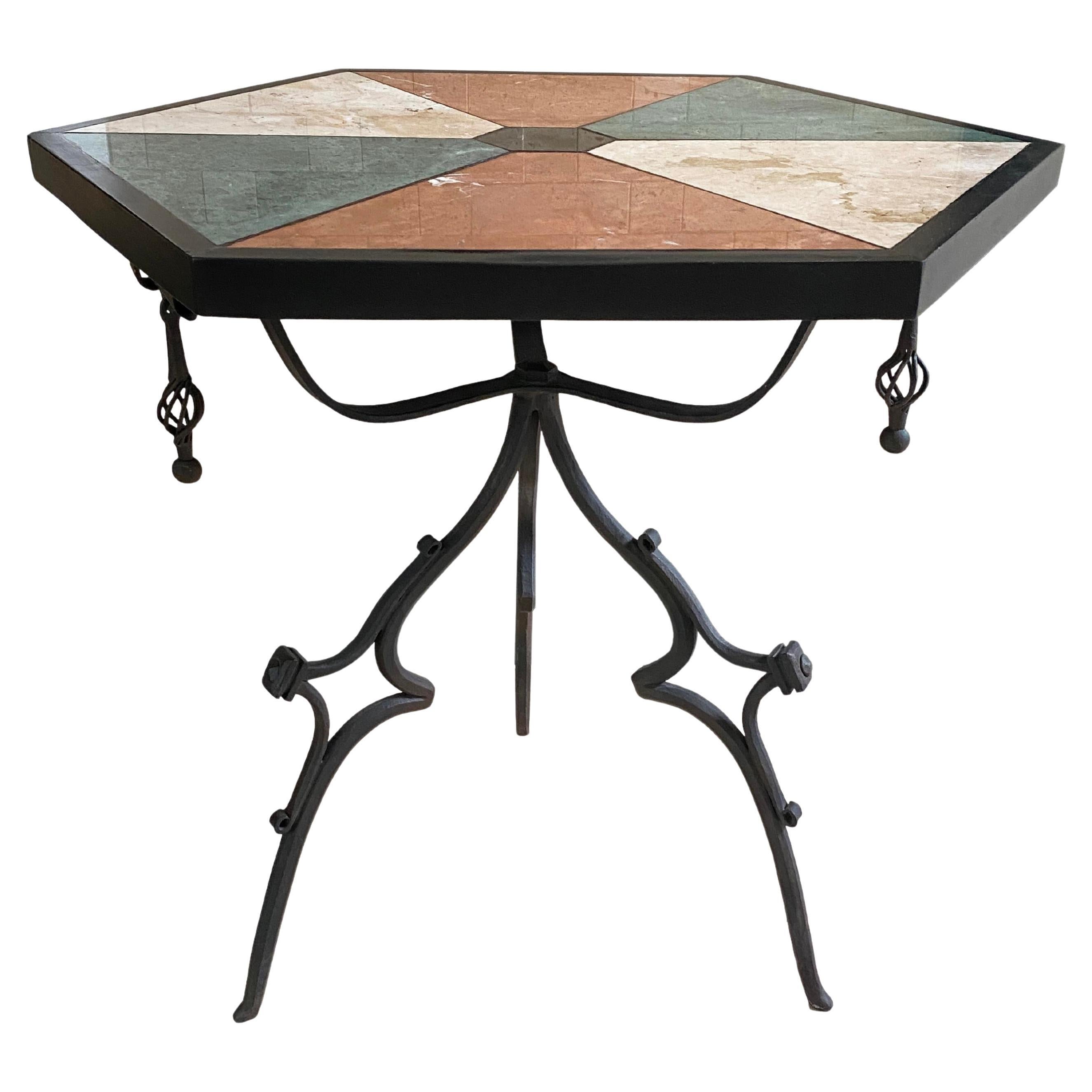Rare Iron End Table with a Hexagonal Top with Inlayed Stone For Sale