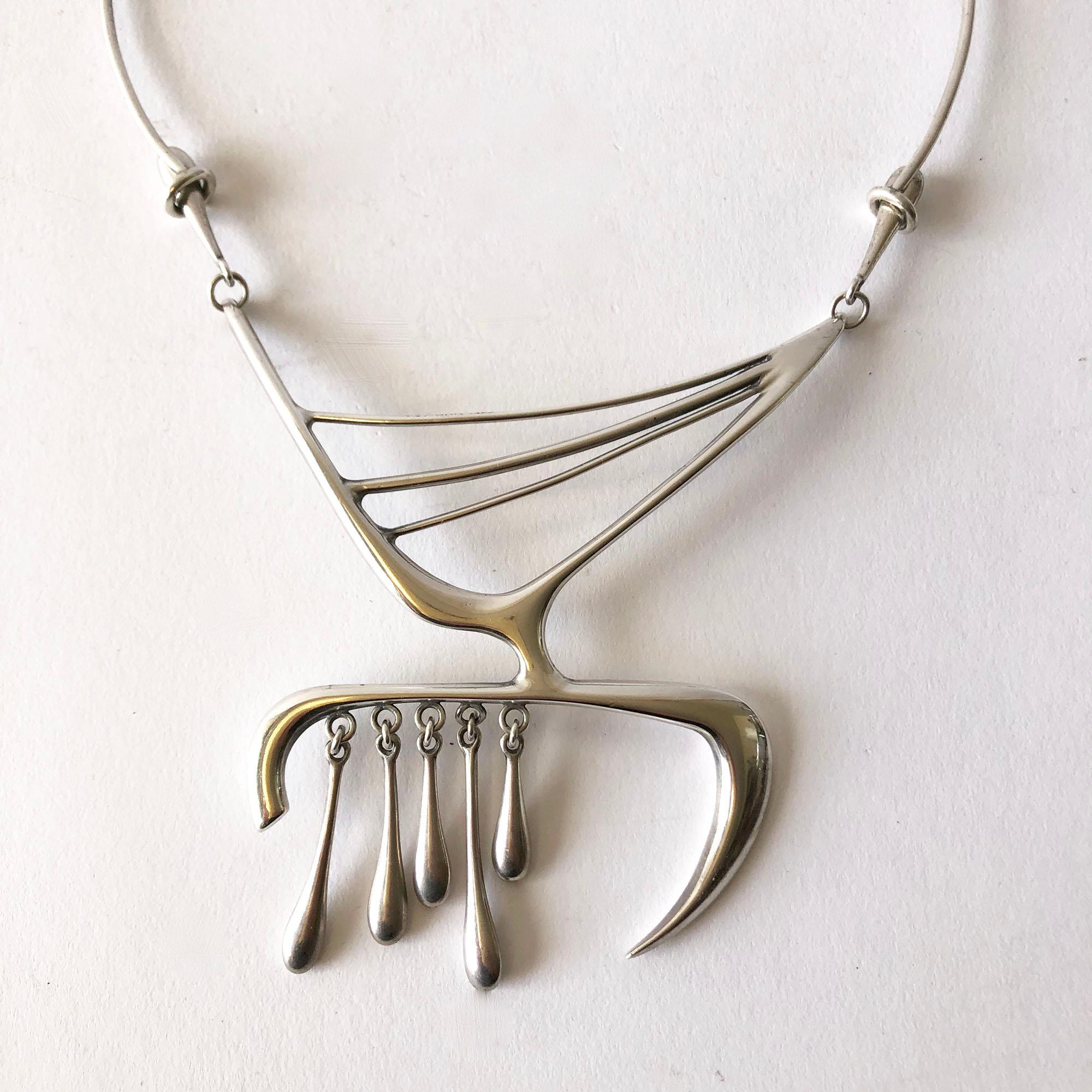 Important sterling silver abstract American modernist necklace created by sculptors and jewelers, Irvin and Bonnie Burkee.  Necklace is comprised of hand forged, webbed sterling silver and a highly inventive fastening mechanism on both sides of the