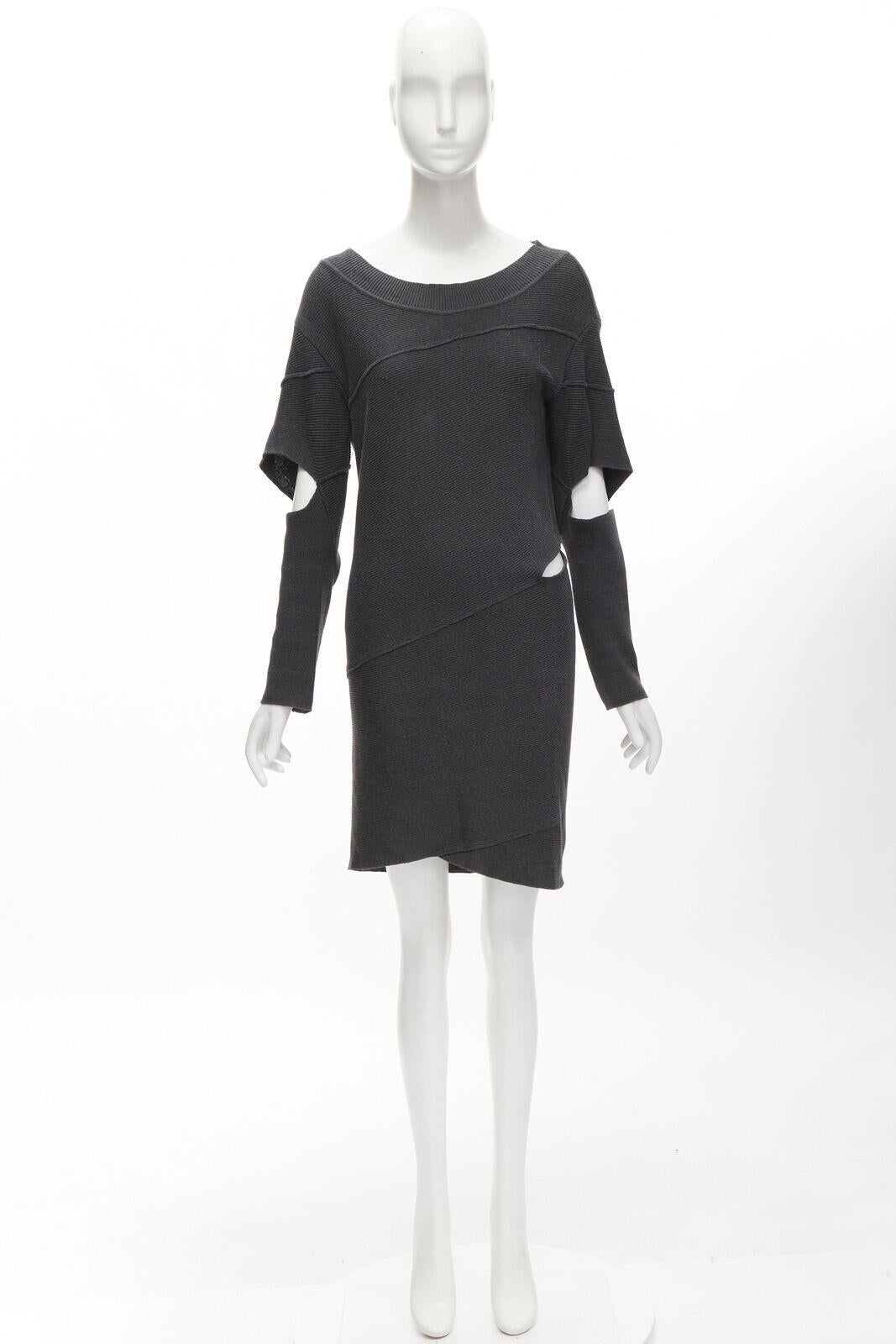 rare ISSEY MIYAKE 1980's Vintage grey deconstructed bias cutout sweater dress M For Sale 5