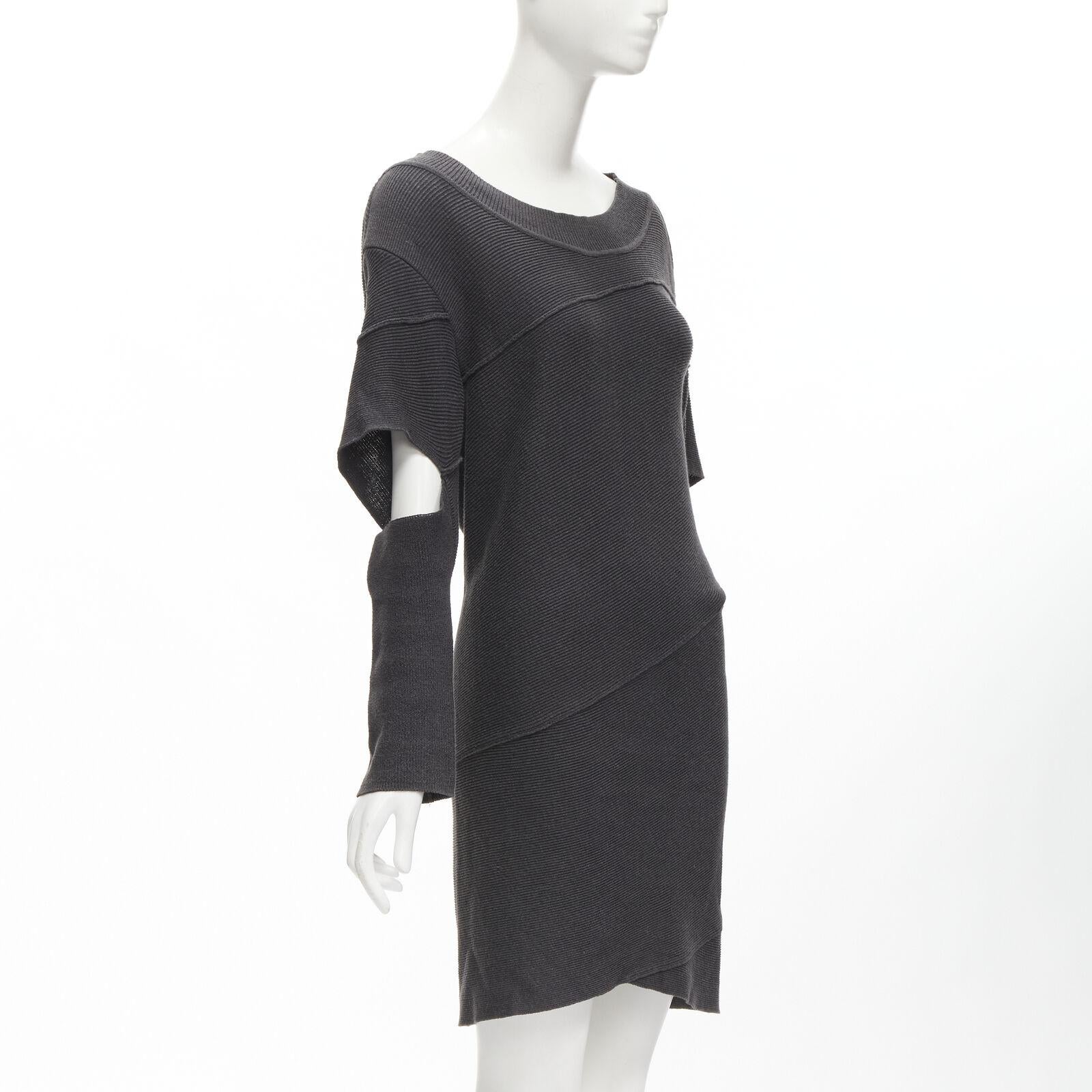 Black rare ISSEY MIYAKE 1980's Vintage grey deconstructed bias cutout sweater dress M For Sale