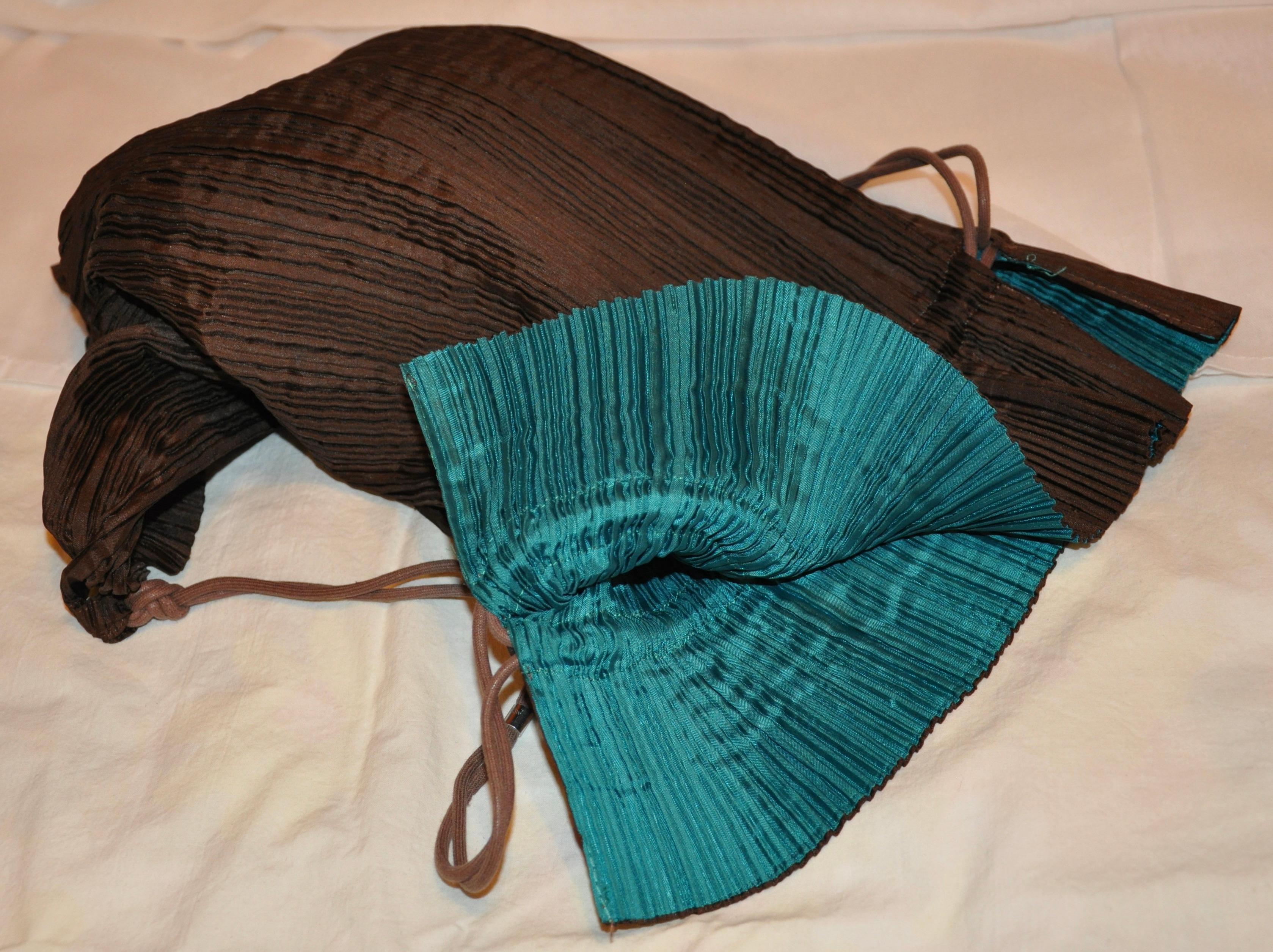Rare Issey Miyake Coco-Brown & Turquoise-Lined Signature Drawstring Backpack For Sale 9