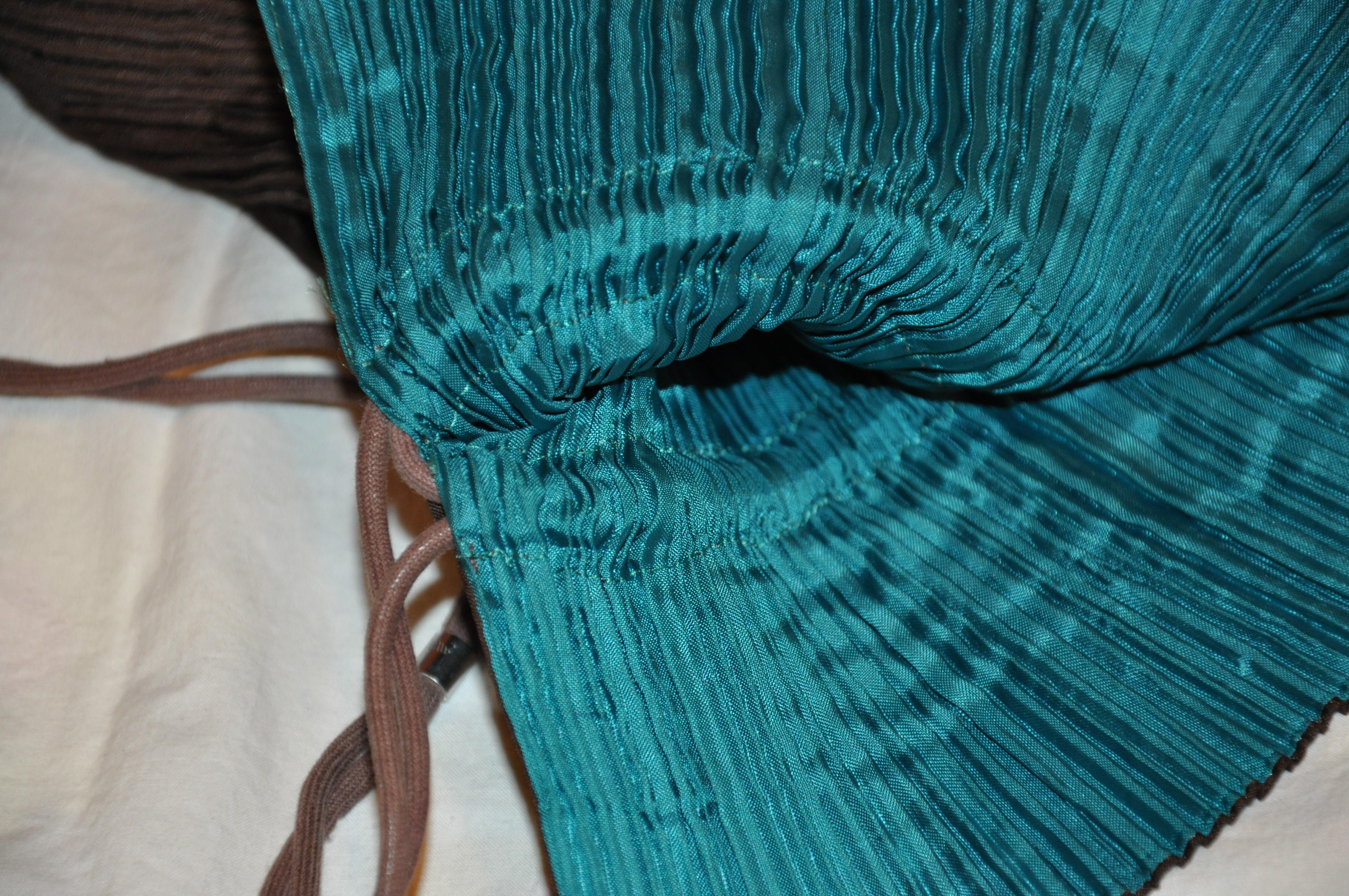 Rare Issey Miyake Coco-Brown & Turquoise-Lined Signature Drawstring Backpack For Sale 10