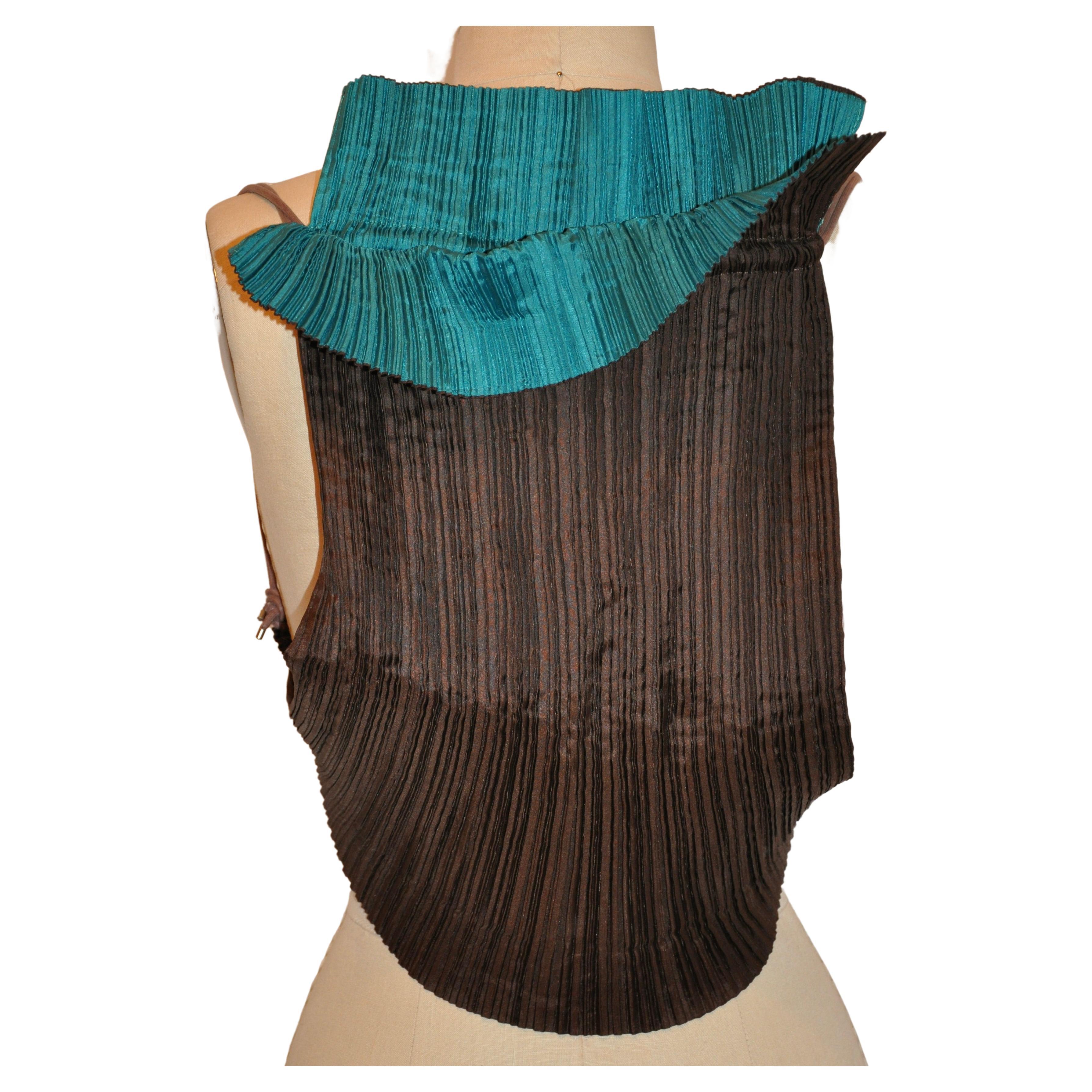 Rare Issey Miyake Coco-Brown & Turquoise-Lined Signature Drawstring Backpack For Sale