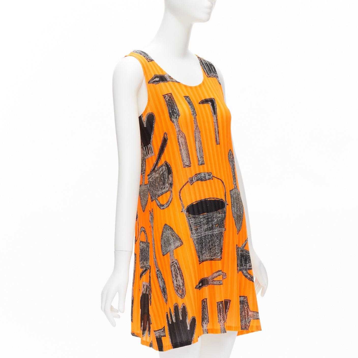 Orange rare ISSEY MIYAKE Pleats Please 2003 orange tools print plisse dress JP17 S For Sale