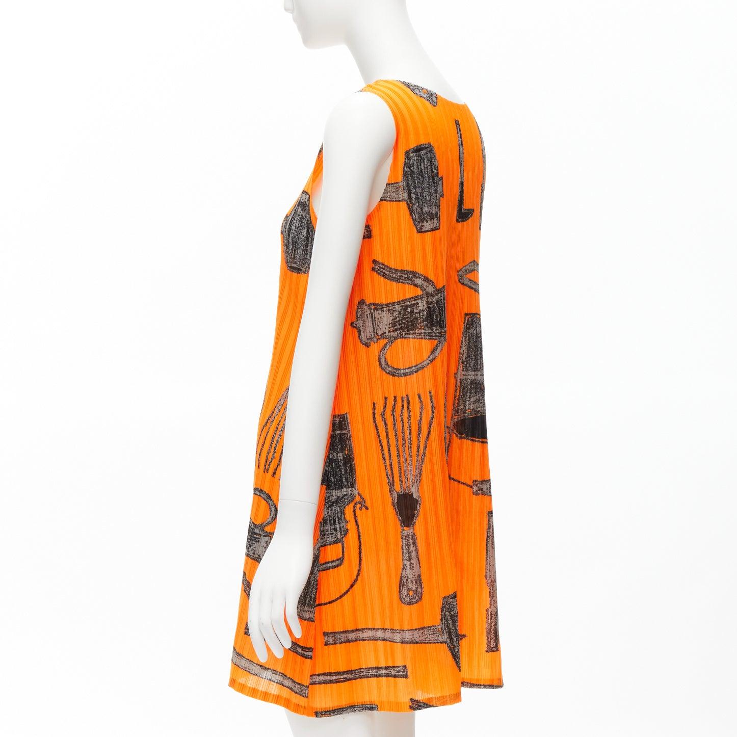 rare ISSEY MIYAKE Pleats Please 2003 orange tools print plisse dress JP17 S For Sale 1