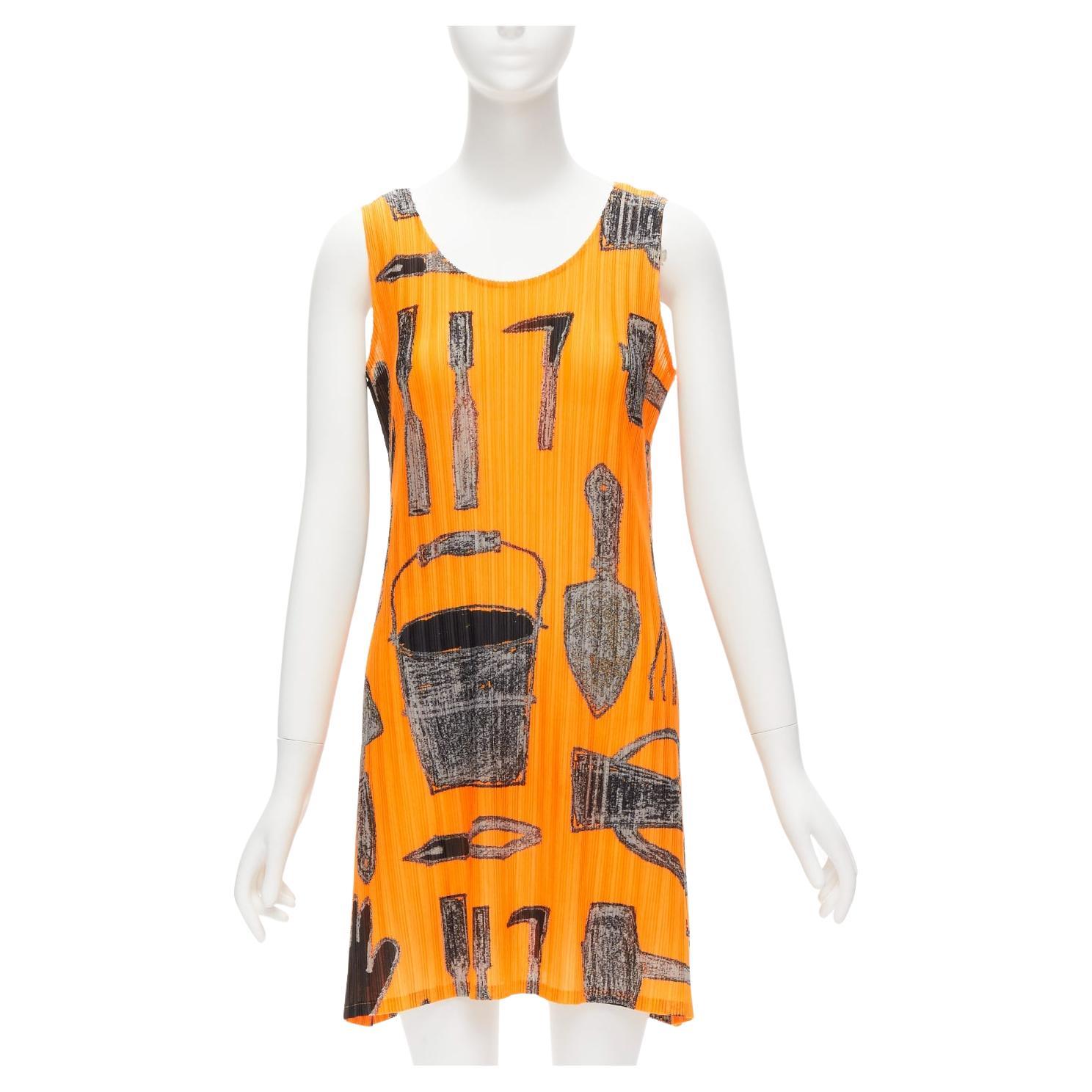 rare ISSEY MIYAKE Pleats Please 2003 orange tools print plisse dress JP17 S For Sale