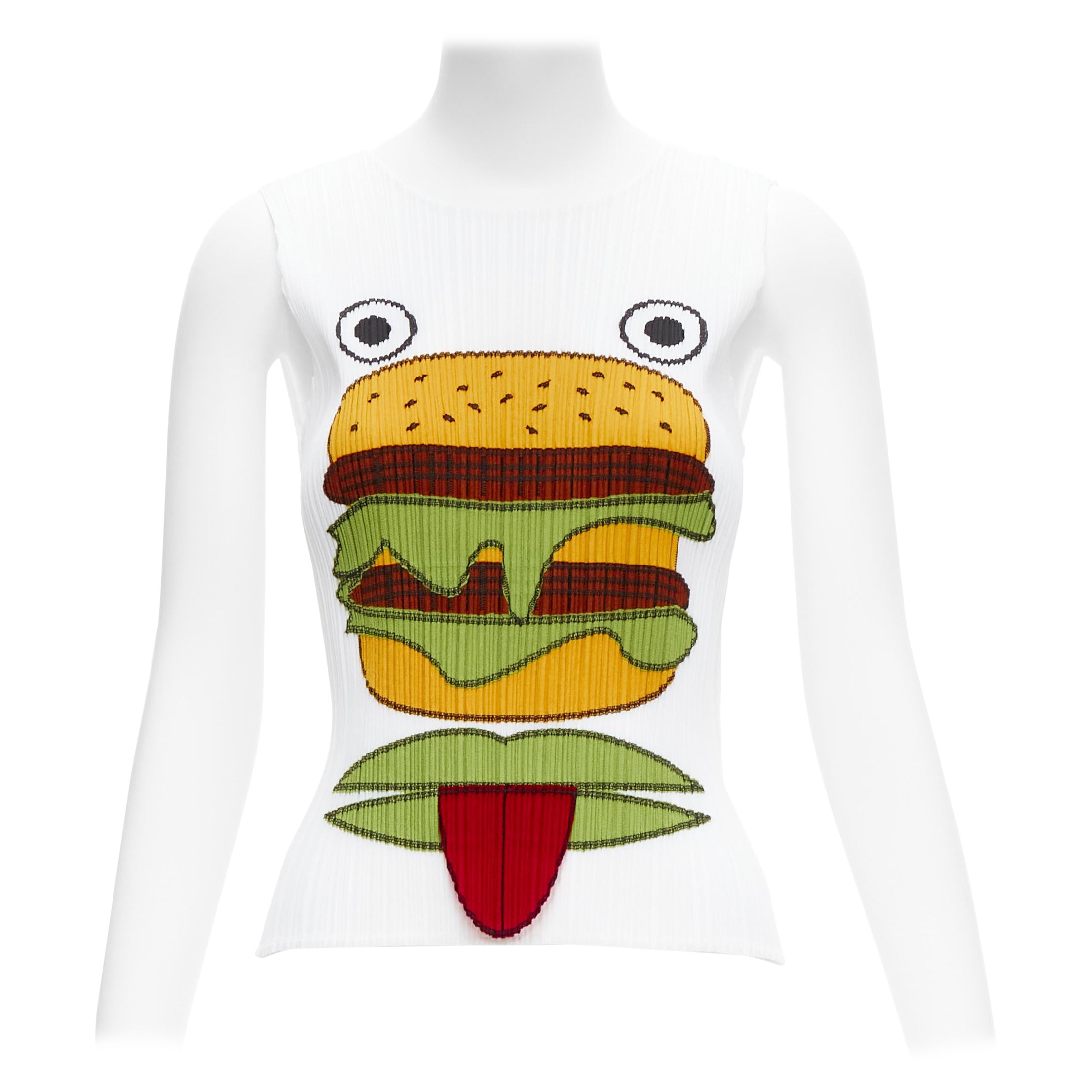 selten ISSEY MIYAKE Pleats Please 2004 Hamburger Zunge weißes Plissee Tank Top JP3 im Angebot