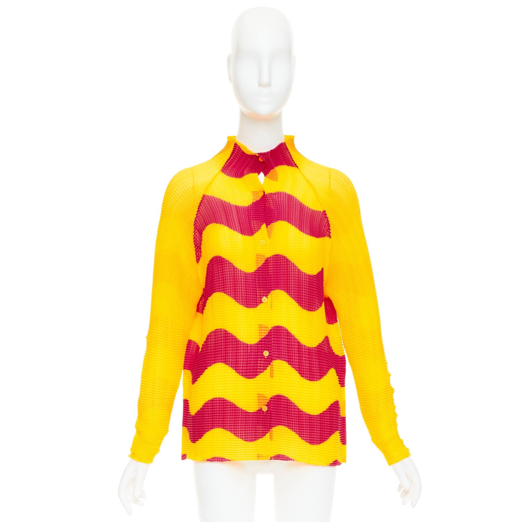 rare Issey Miyake Pleats Please graphic yellow wave plisse high neck top JP2 M en vente 4
