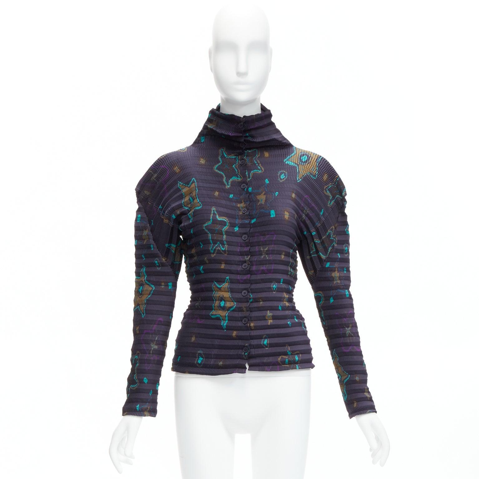 raro ISSEY MIYAKE PLEATS PLEASE verde estrella azul oscuro cuello plisado top JP2 M en venta 5
