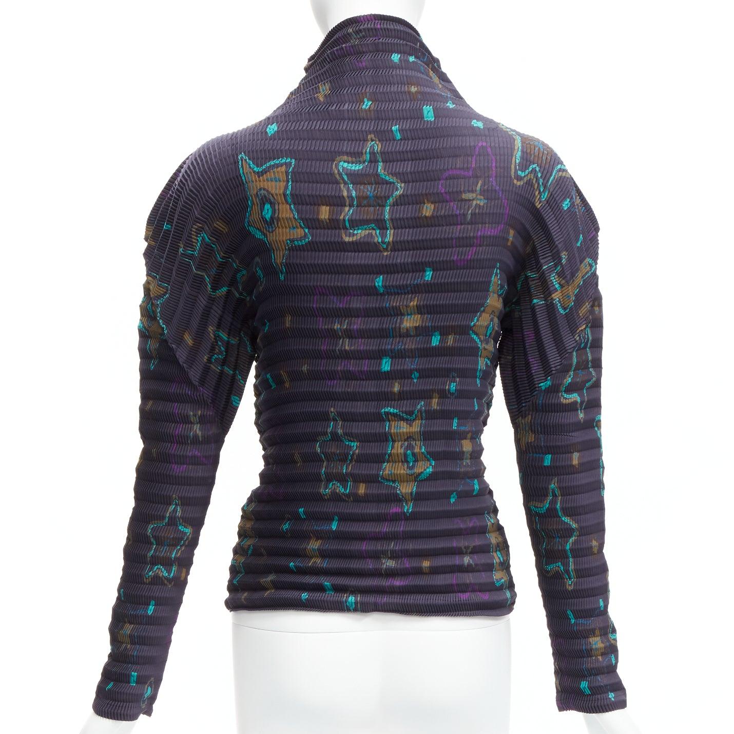 De las mujeres raro ISSEY MIYAKE PLEATS PLEASE verde estrella azul oscuro cuello plisado top JP2 M en venta