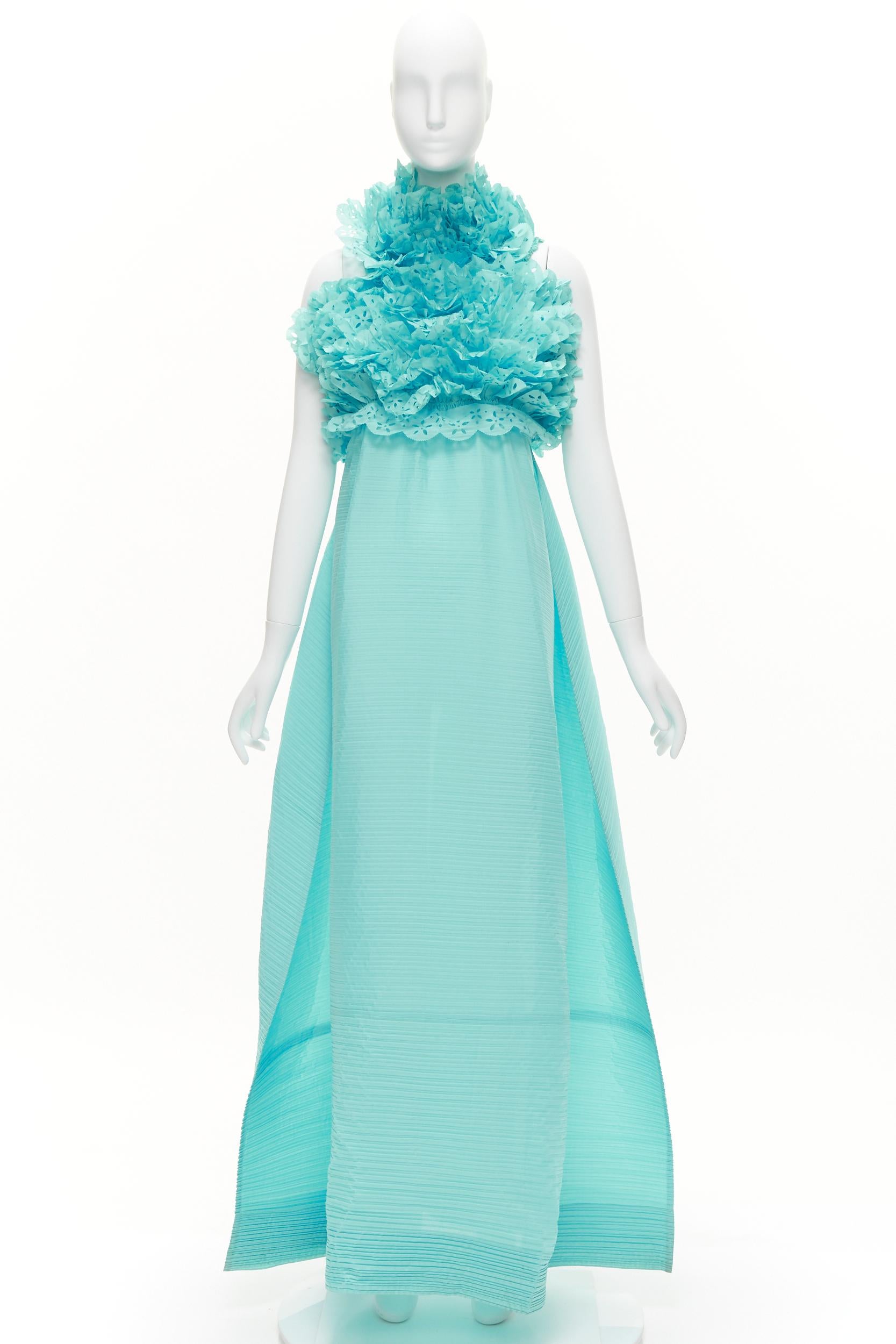 rare ISSEY MIYAKE sky blue laser cut ruffle high neck evening gown dress M For Sale 8