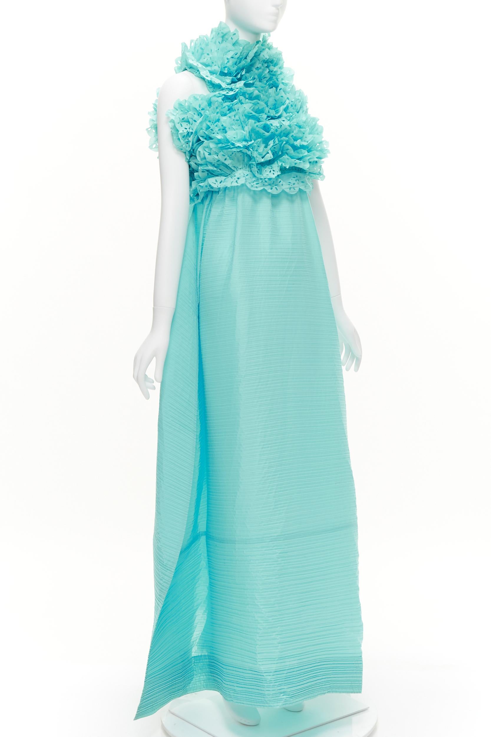 rare ISSEY MIYAKE sky blue laser cut ruffle high neck evening gown dress M In Good Condition In Hong Kong, NT