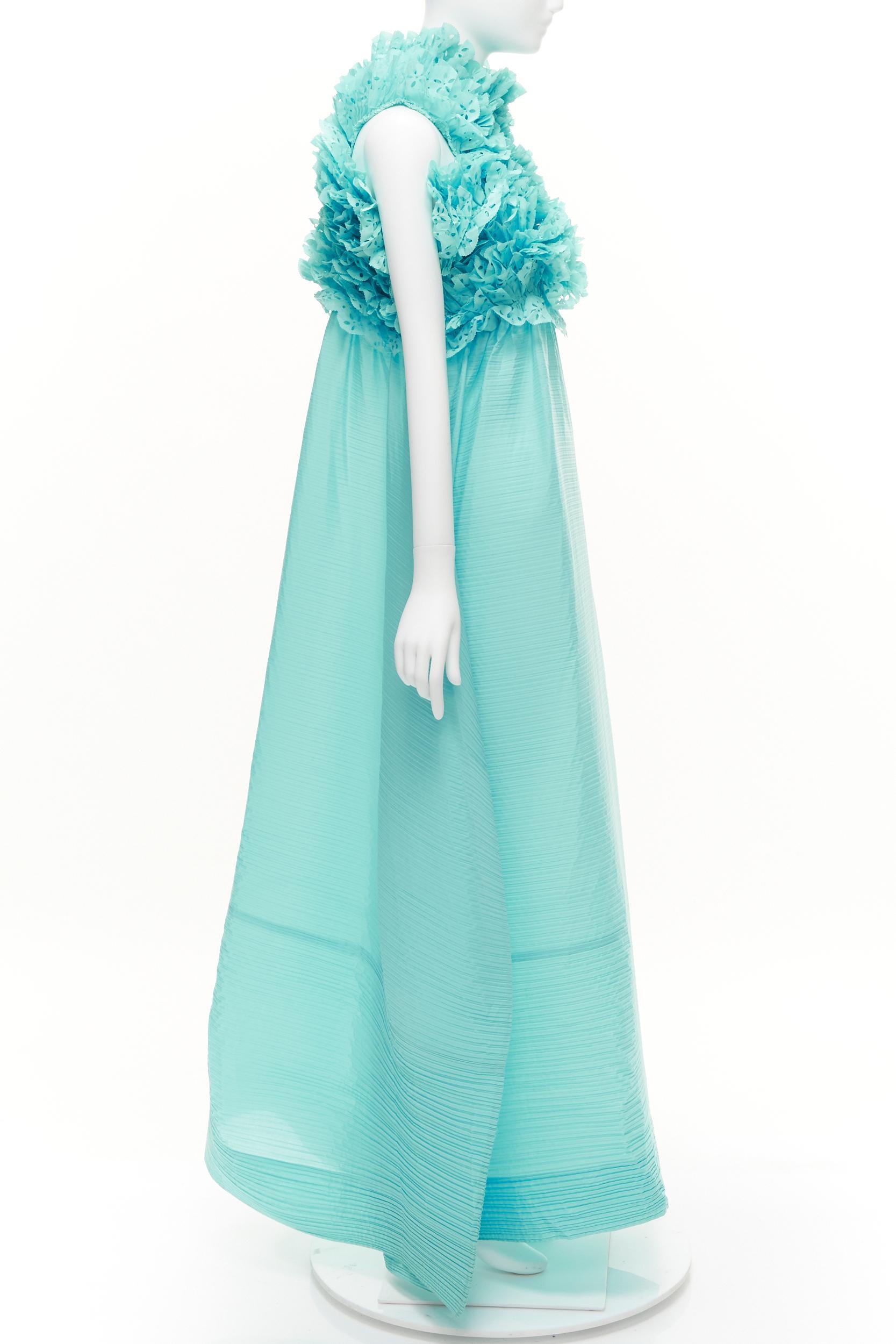 Women's rare ISSEY MIYAKE sky blue laser cut ruffle high neck evening gown dress M For Sale