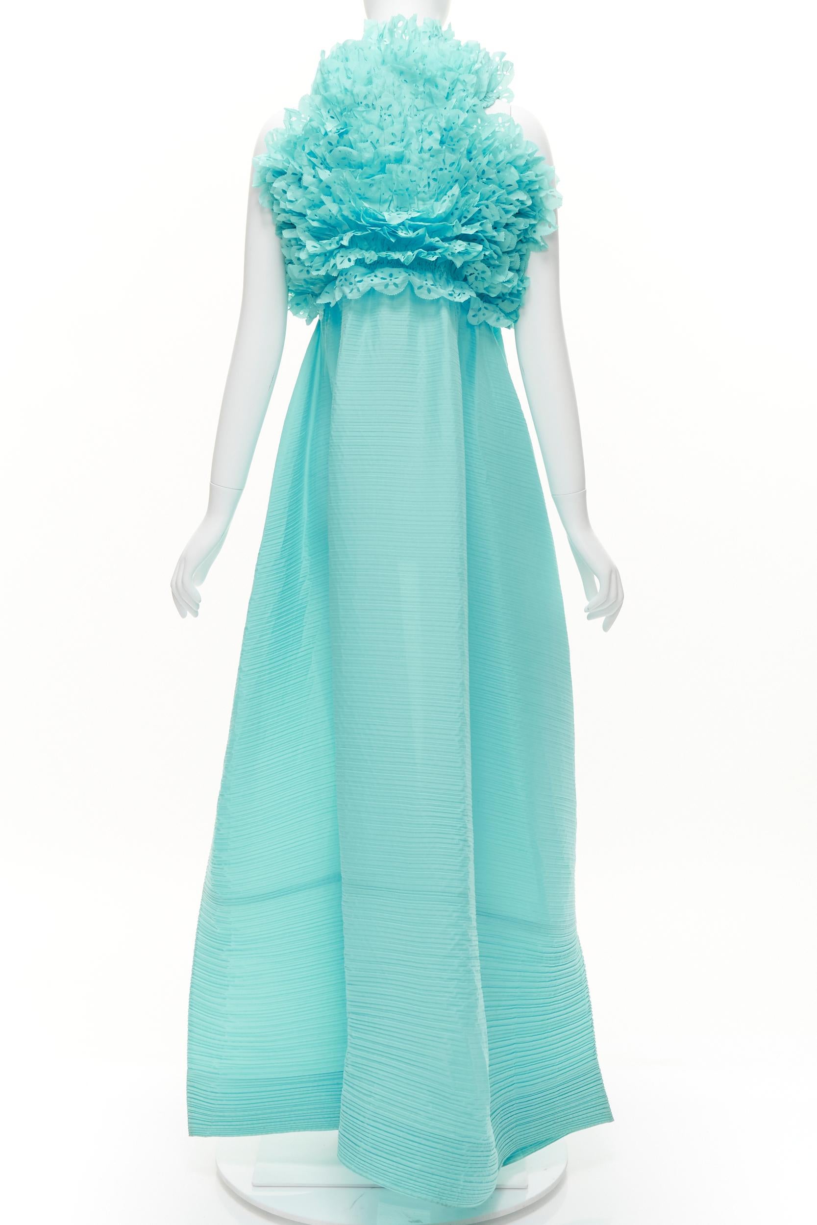 rare ISSEY MIYAKE sky blue laser cut ruffle high neck evening gown dress M 1
