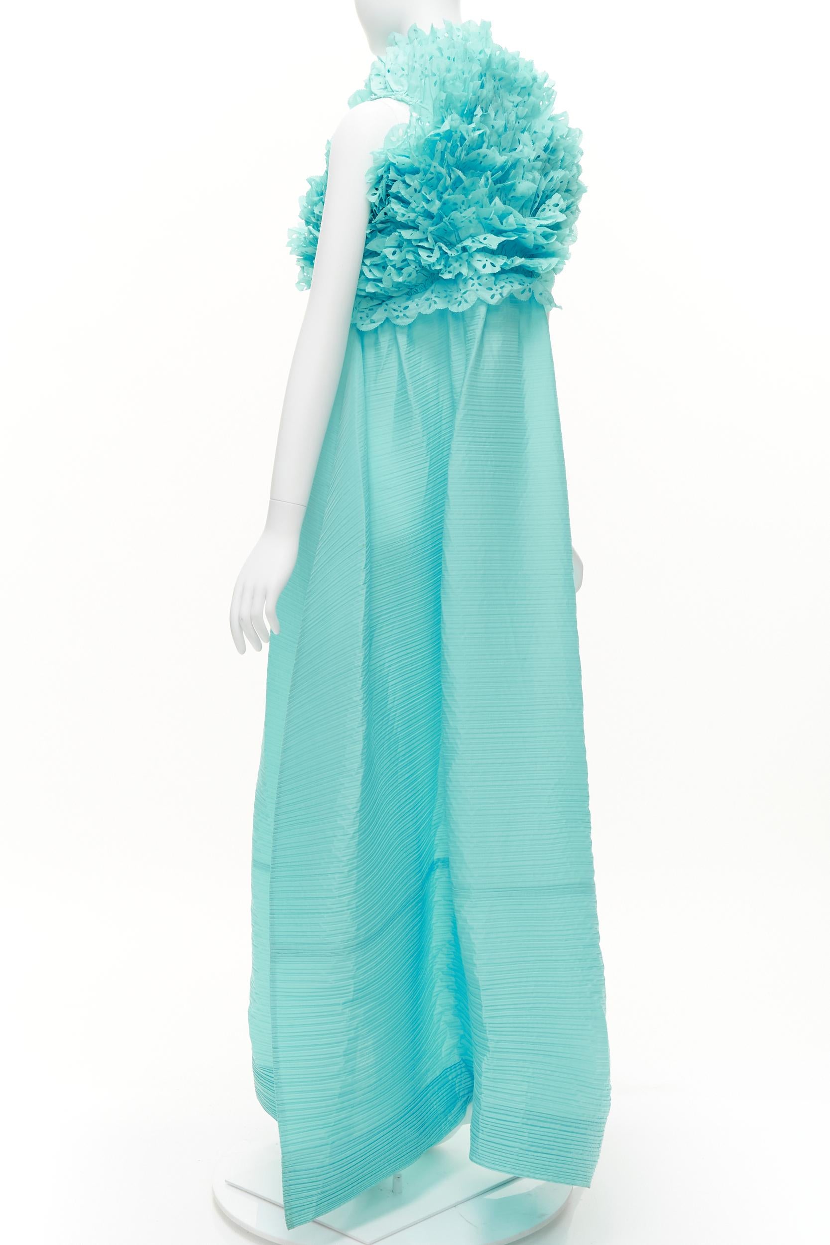 rare ISSEY MIYAKE sky blue laser cut ruffle high neck evening gown dress M For Sale 2