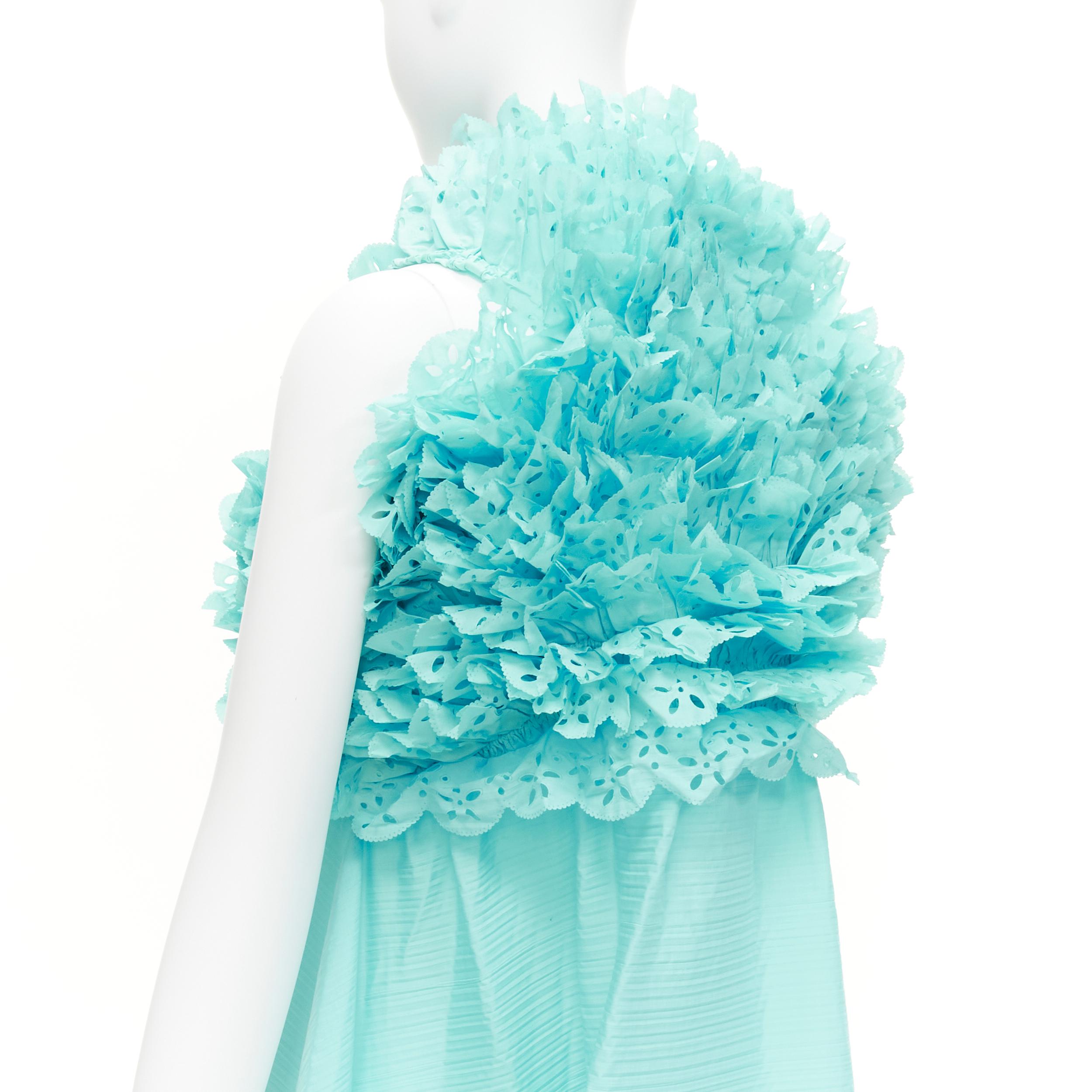 rare ISSEY MIYAKE sky blue laser cut ruffle high neck evening gown dress M For Sale 5