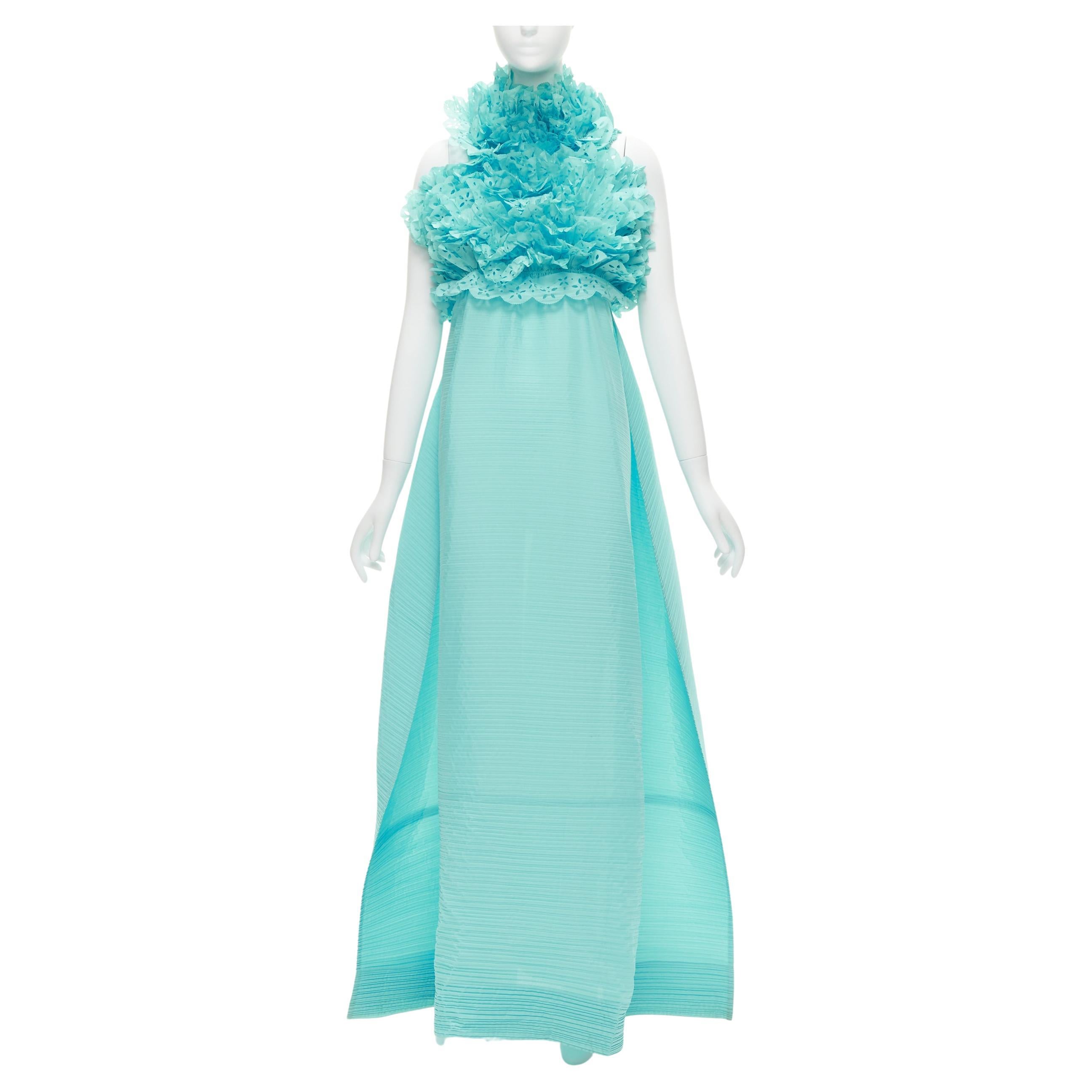 rare ISSEY MIYAKE sky blue laser cut ruffle high neck evening gown dress M For Sale