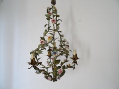 Rare Italian 1870 Tole Polychrome Helix Porcelain Flowers Chandelier