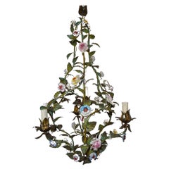 Rare Italian 1870 Tole Polychrome Helix Porcelain Flowers Chandelier