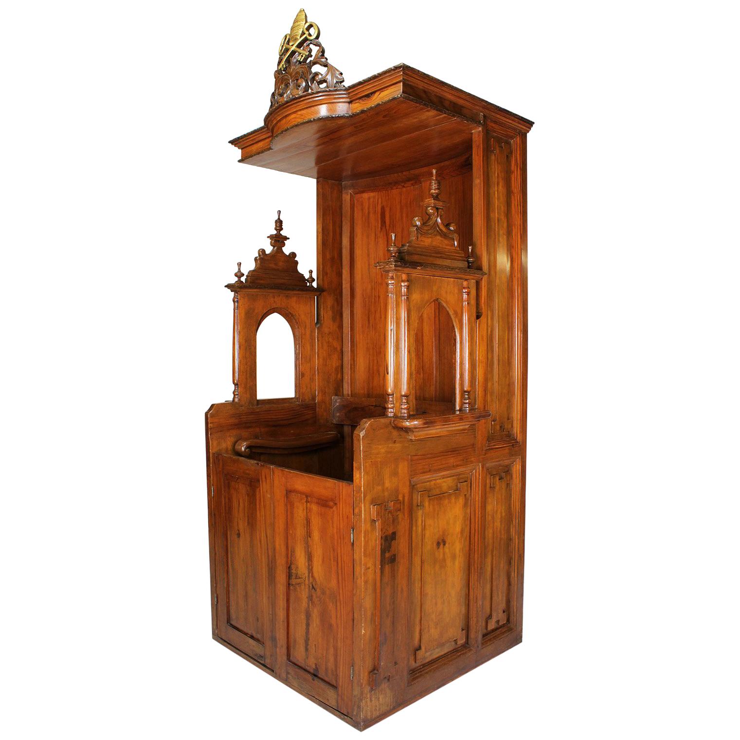 Rare Italian 19th Century Carved Pine Catholic Church Confessional Stall, Booth