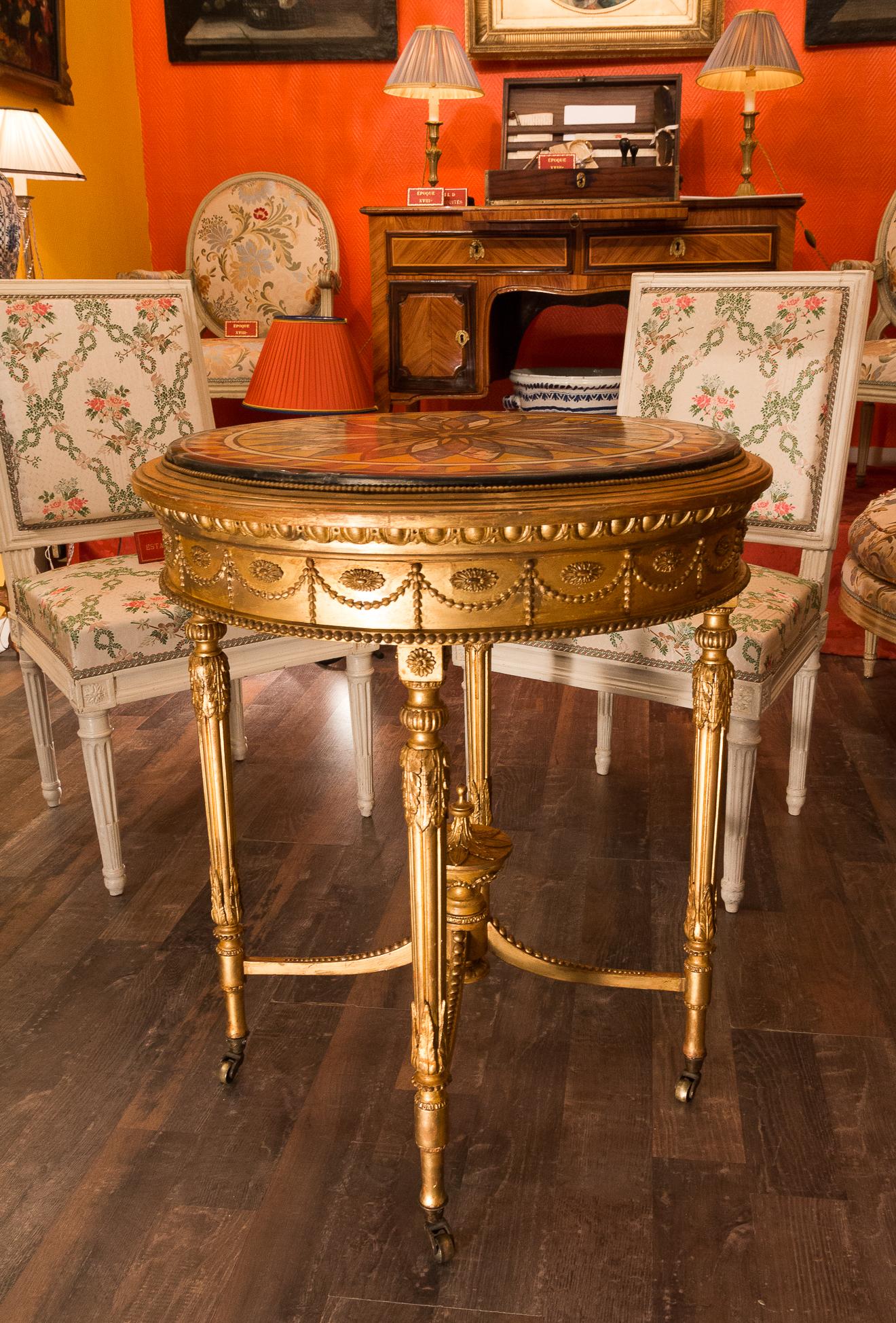 Louis XVI Rare Italian 19th Century Giltwood Round-Table with Scagliola Top