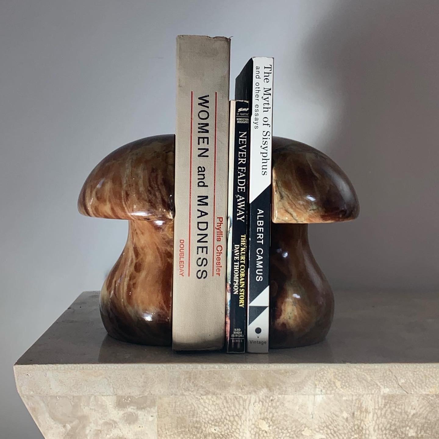 Pair of hand-carved alabaster marble mushroom bookends from Volterra, Italy by ABF. Tones of ochre, caramel, rust, and pewter. Minor losses but overall good condition considering age. 
Each bookend measures: 6” wide X 2.5” deep X 6” tall 
And when