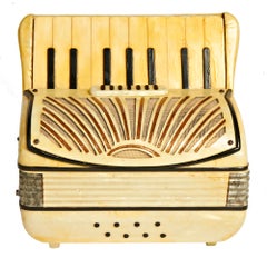 Rare Italian Art Deco Miniature Figural Accordion Wood & Pearloid Cigarette Box