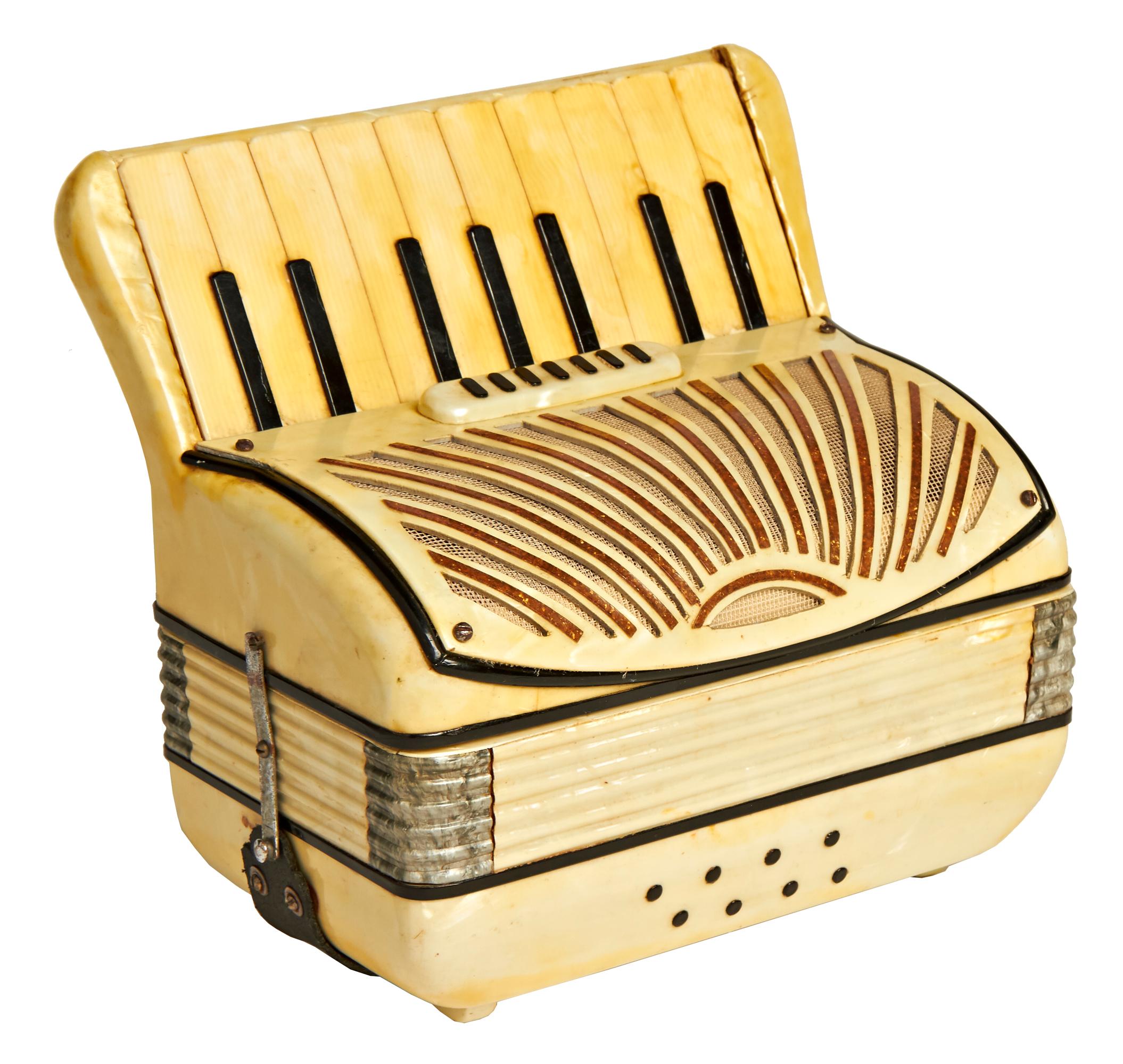 Varnished Rare Italian Art Deco Miniature Figural Accordion Wood & Pearloid Cigarette Box For Sale