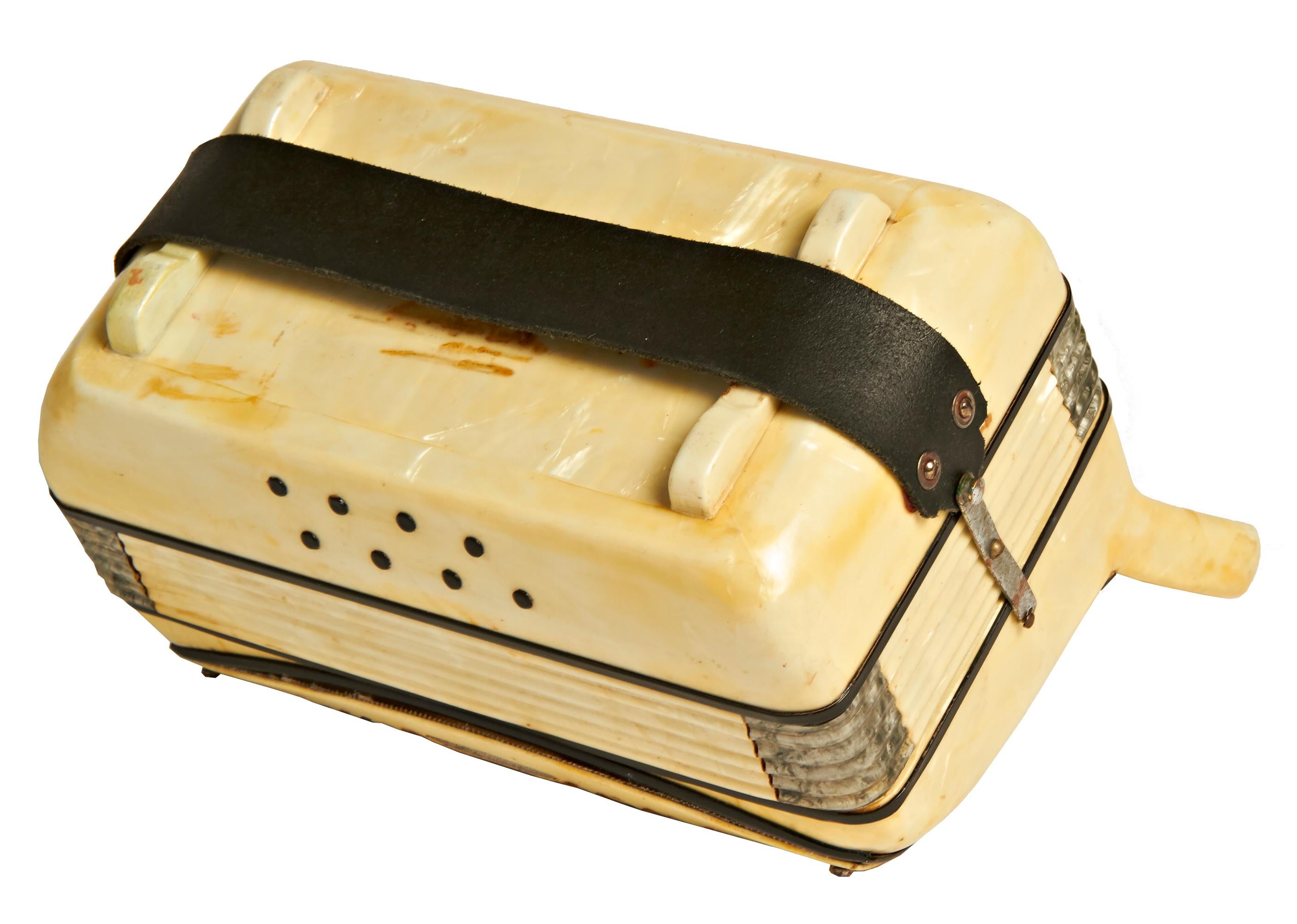 Mid-20th Century Rare Italian Art Deco Miniature Figural Accordion Wood & Pearloid Cigarette Box For Sale