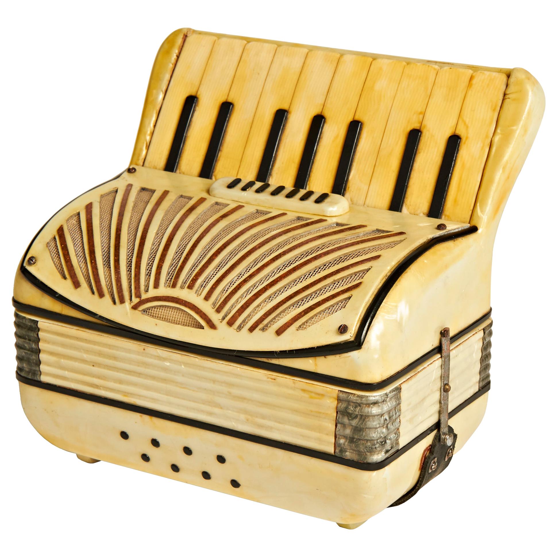 Rare Italian Art Deco Miniature Figural Accordion Wood & Pearloid Cigarette Box For Sale