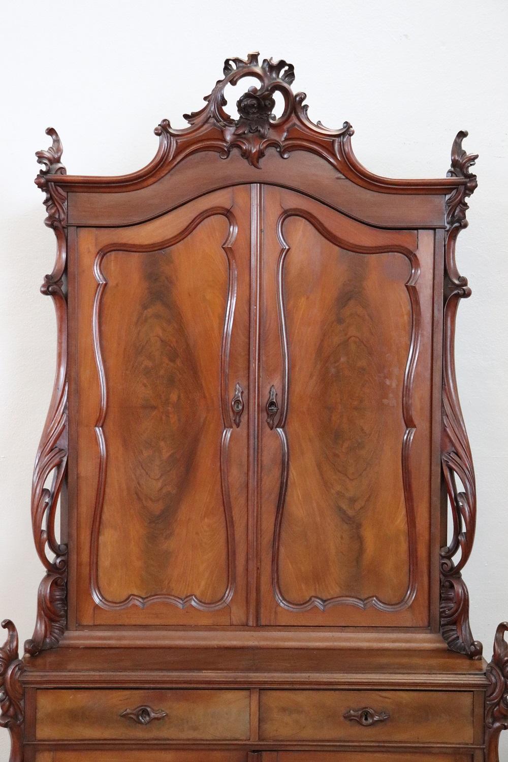 Hand-Carved Rare Italian Art Nouveau Carved Mahogany Sideboard or Cabinet