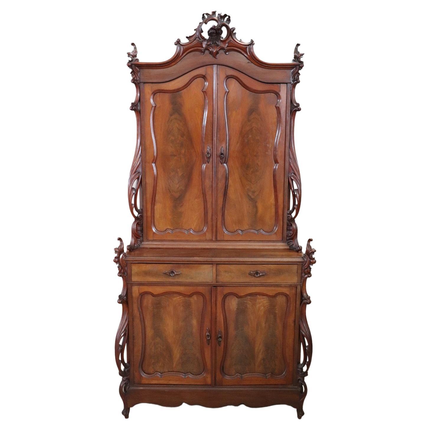 Rare Italian Art Nouveau Carved Mahogany Sideboard or Cabinet
