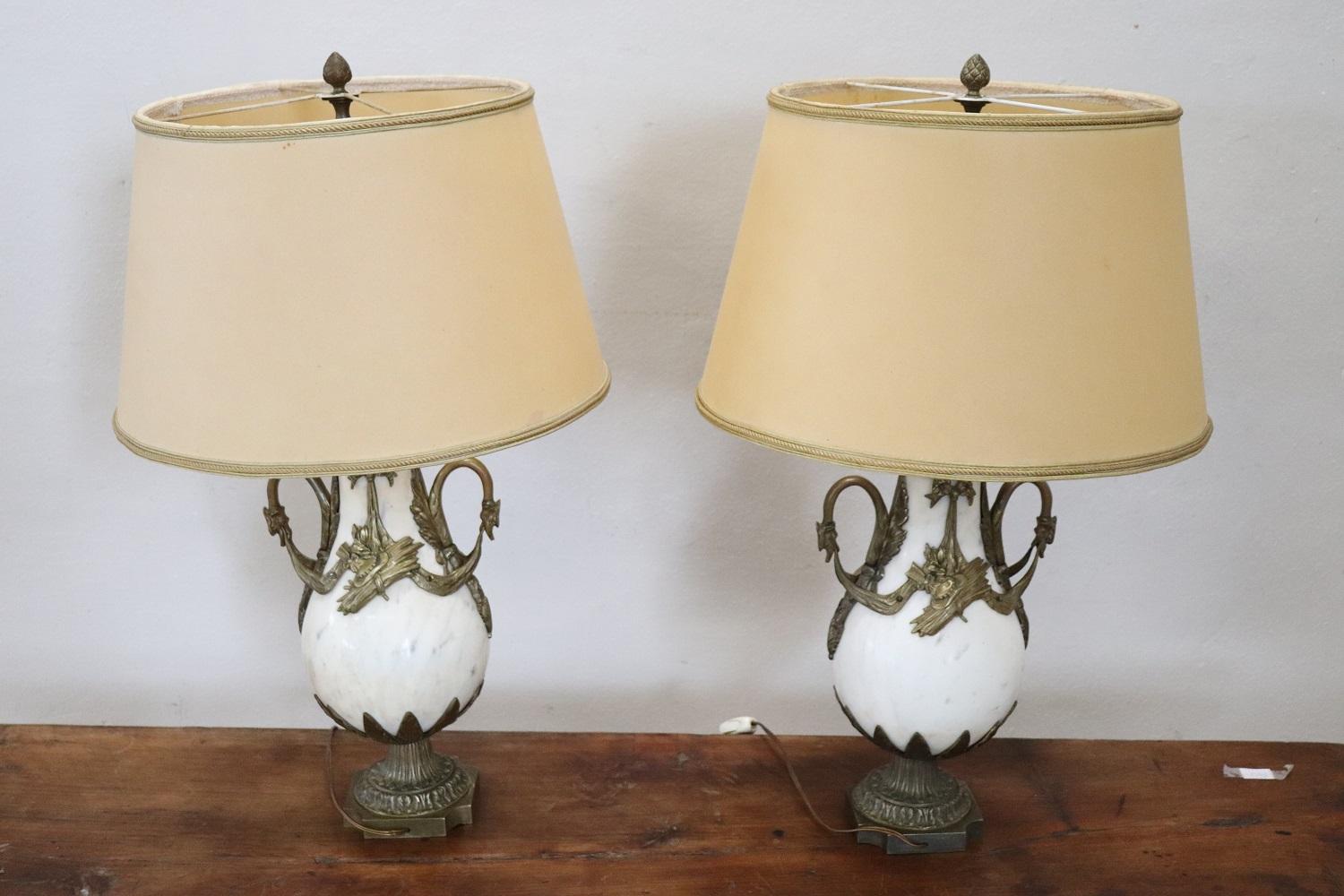 Rare Italian Art Nouveau White Marble and Gilded Bronze Pair fo Table Lamps 6