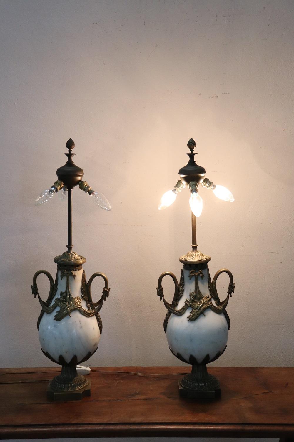 Gilt Rare Italian Art Nouveau White Marble and Gilded Bronze Pair fo Table Lamps
