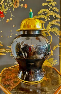 Rare Italian Black Ceramic & Dore Brass Ginger Jar, Signed Hauy Pouigo, C.1970s