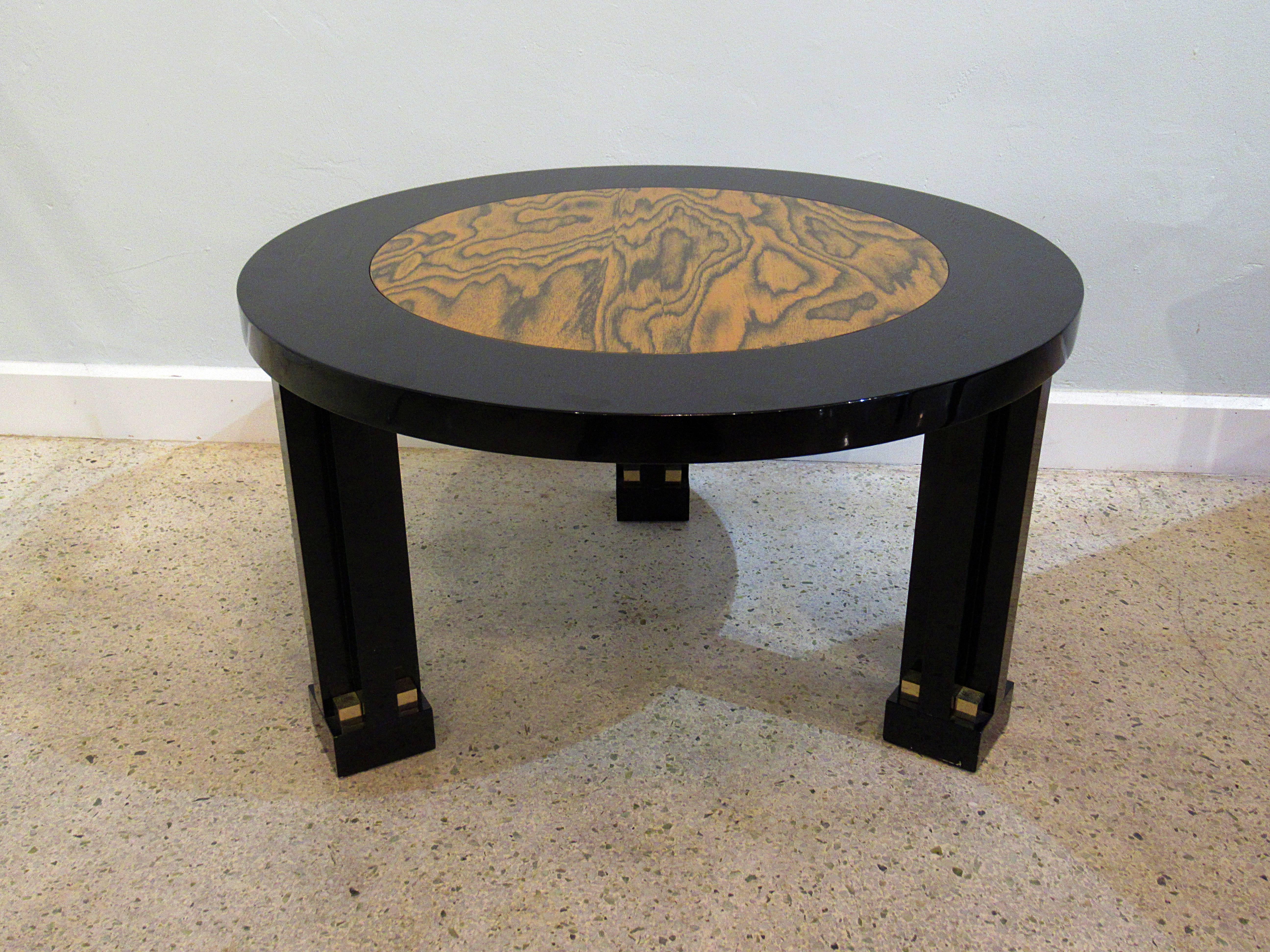 Brass Rare Italian Black Lacquer and Faux Bois Side Table, 1980s, Ettore Sottsass