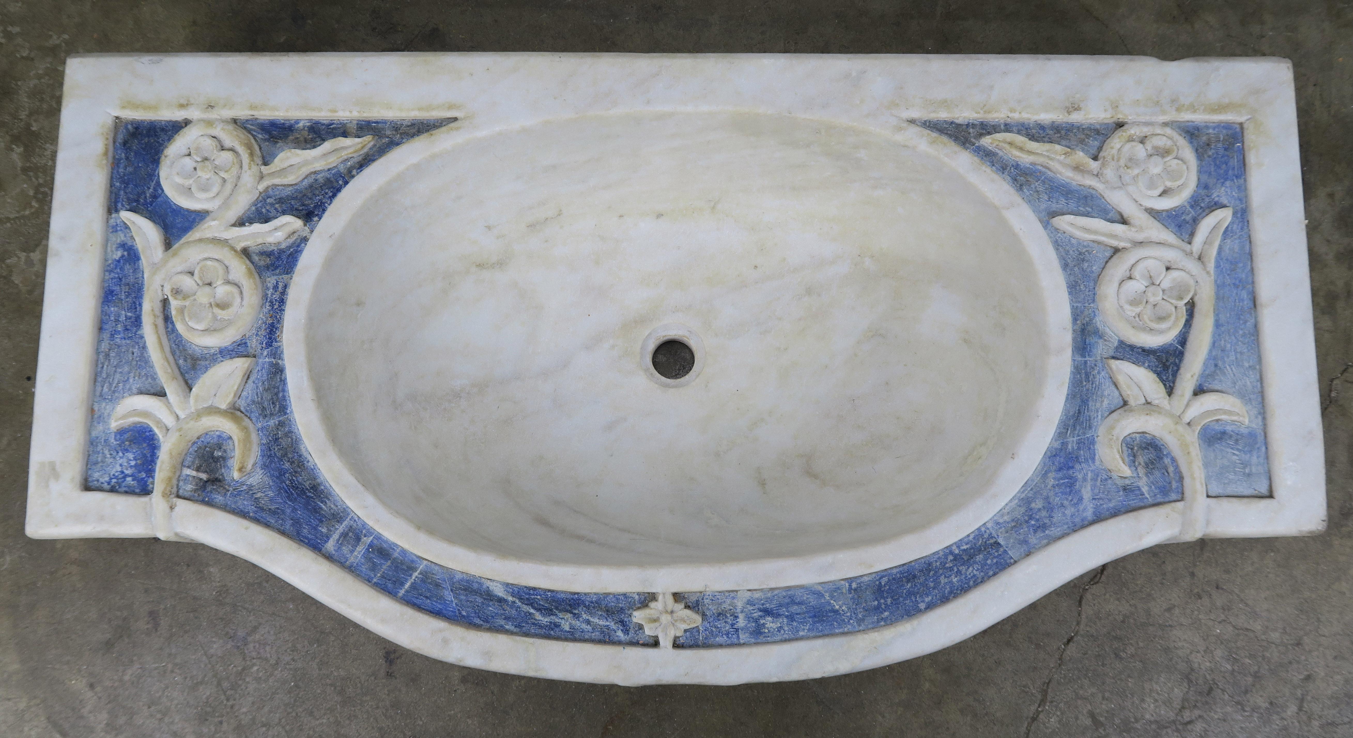 Early 20th Century Rare Italian Blue and White Carrera Marble Sink