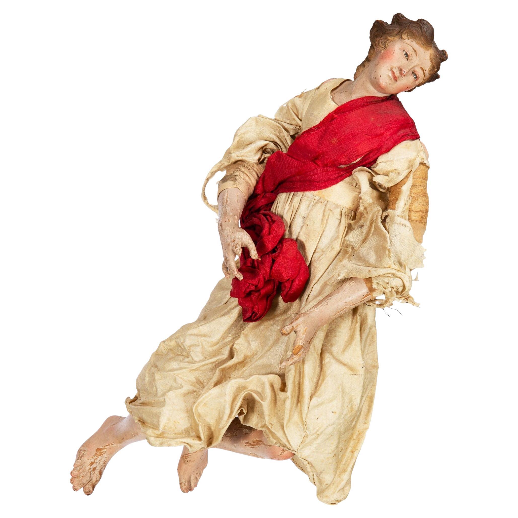 Rare Italian Carved Polychromed Crèche Santos Saint Angel Figurine ca. 1750 For Sale