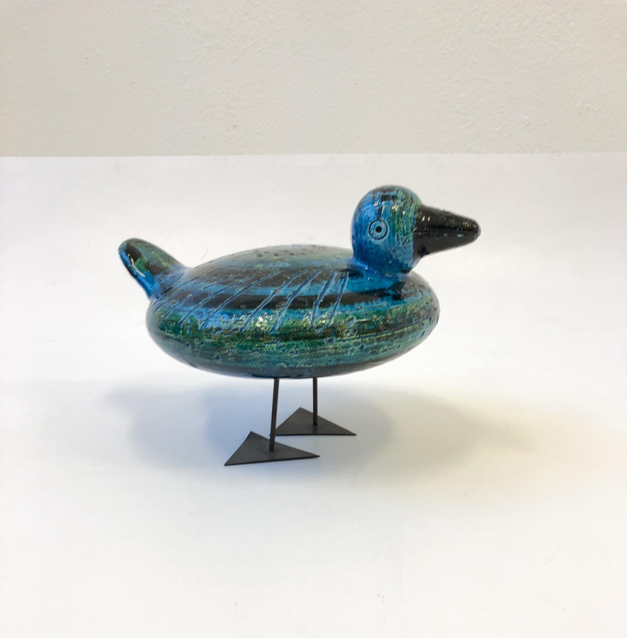 A beautiful rare Italian ceramic duck by Aldo Londi for Raymor from 1960s.
The duck is from the “Rimini Blue” collection, it’s sign made in Italy and still retains the Raymor paper label. The Duck is constructed of ceramic that is glazed and the