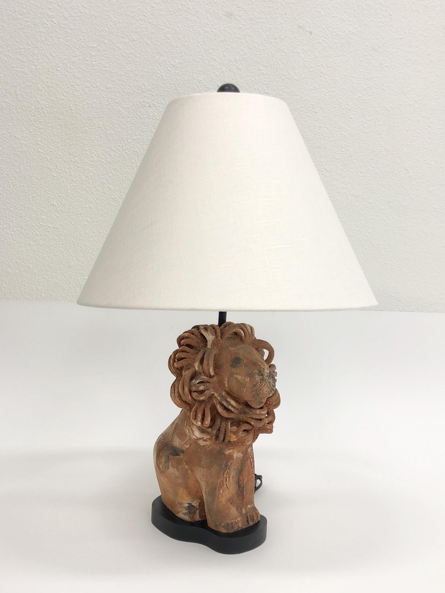 Glazed Rare Italian Ceramic Lion Table Lamp by Aldo Londi for Bitossi