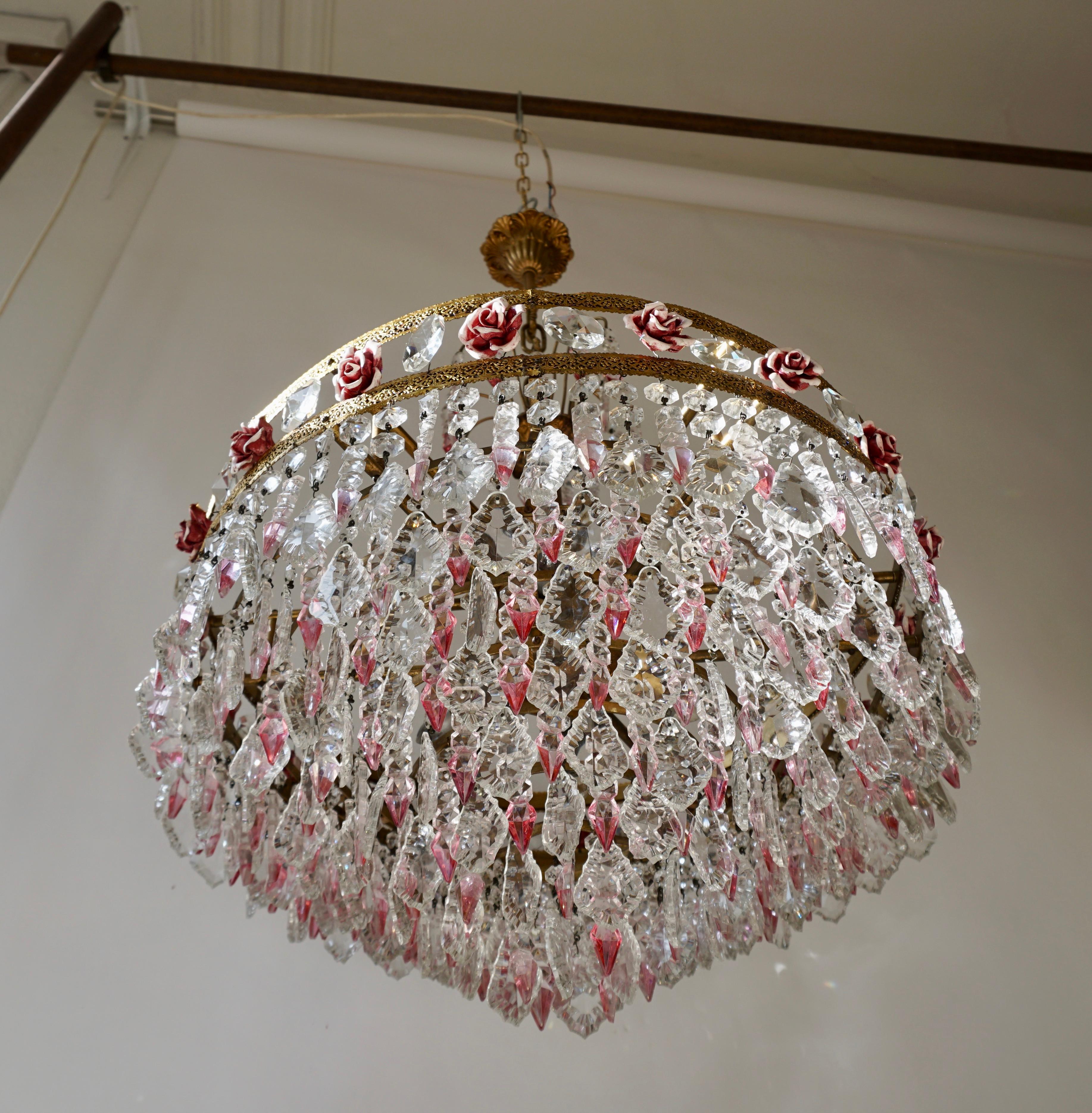 Rare Italian Chandelier with Pink Crystals and Pink Roses For Sale 1