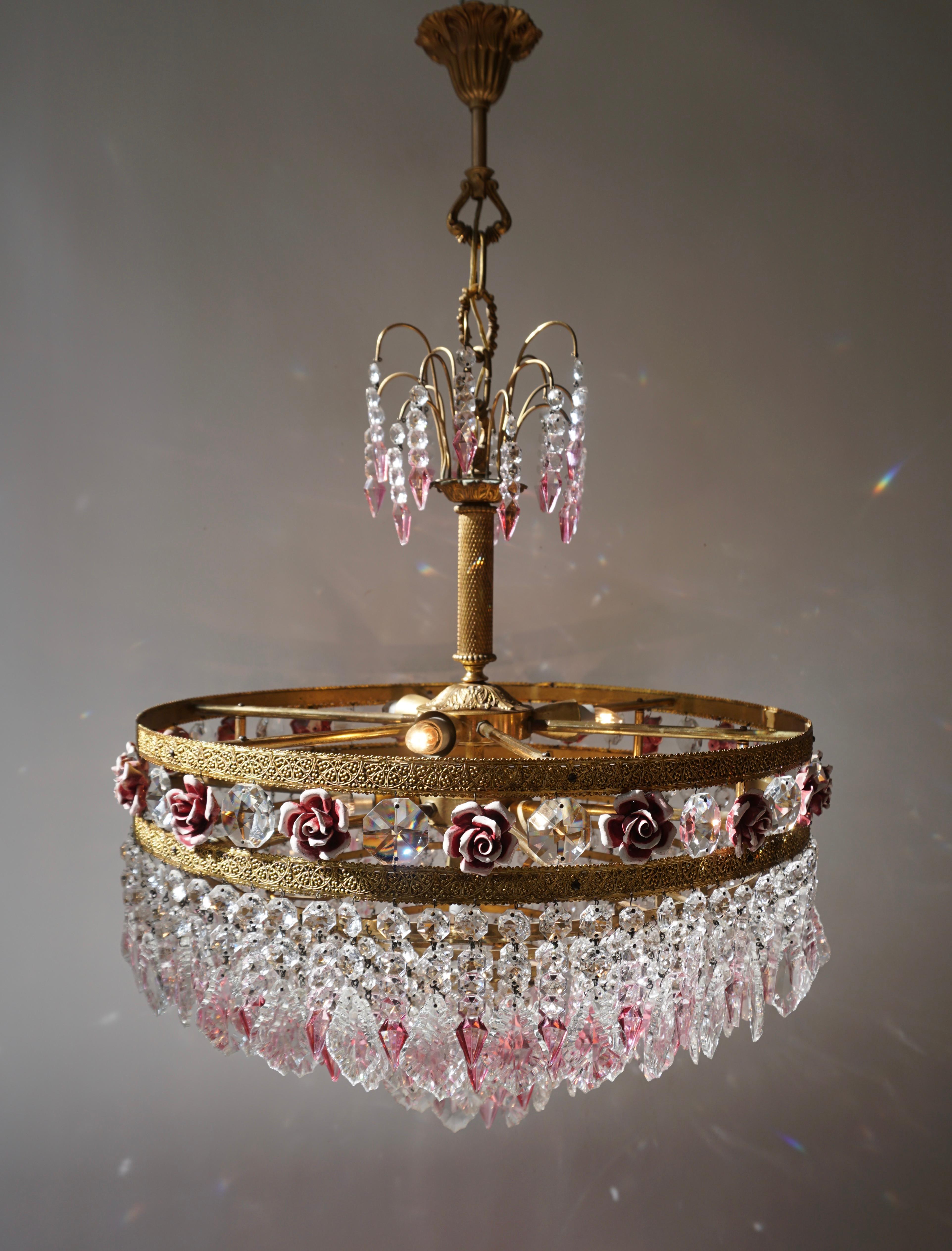 Rare Italian Chandelier with Pink Crystals and Pink Roses For Sale 2